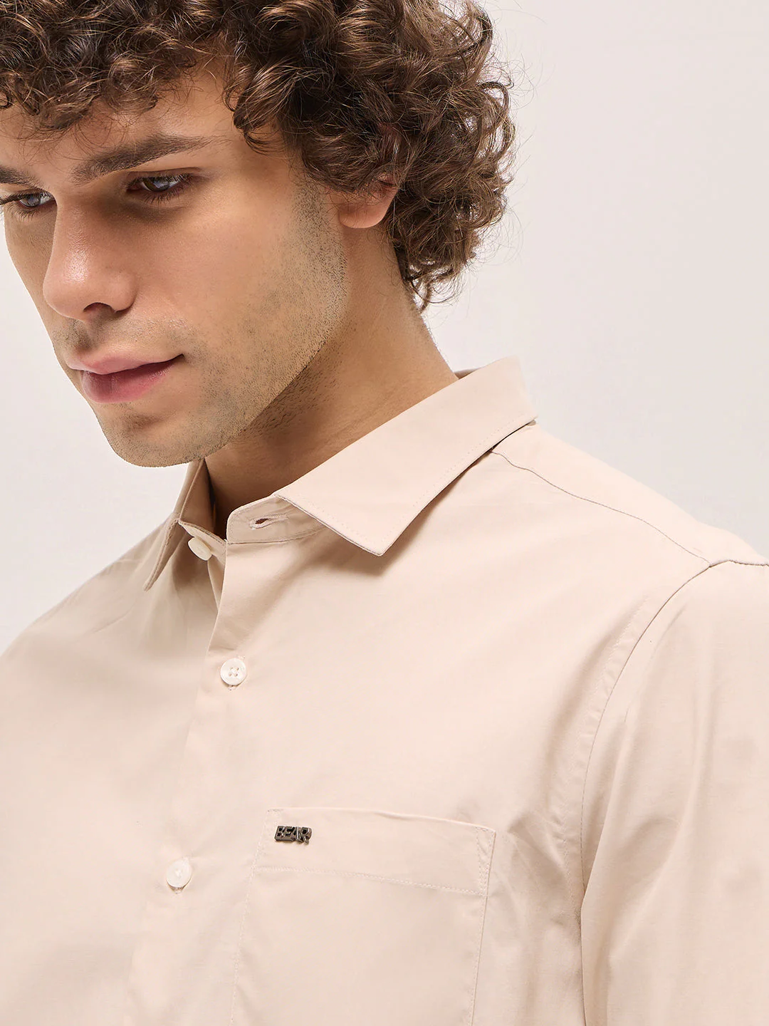 Men Shirt Beige Tailored Fit Cotton Formal Shirt - Image 5