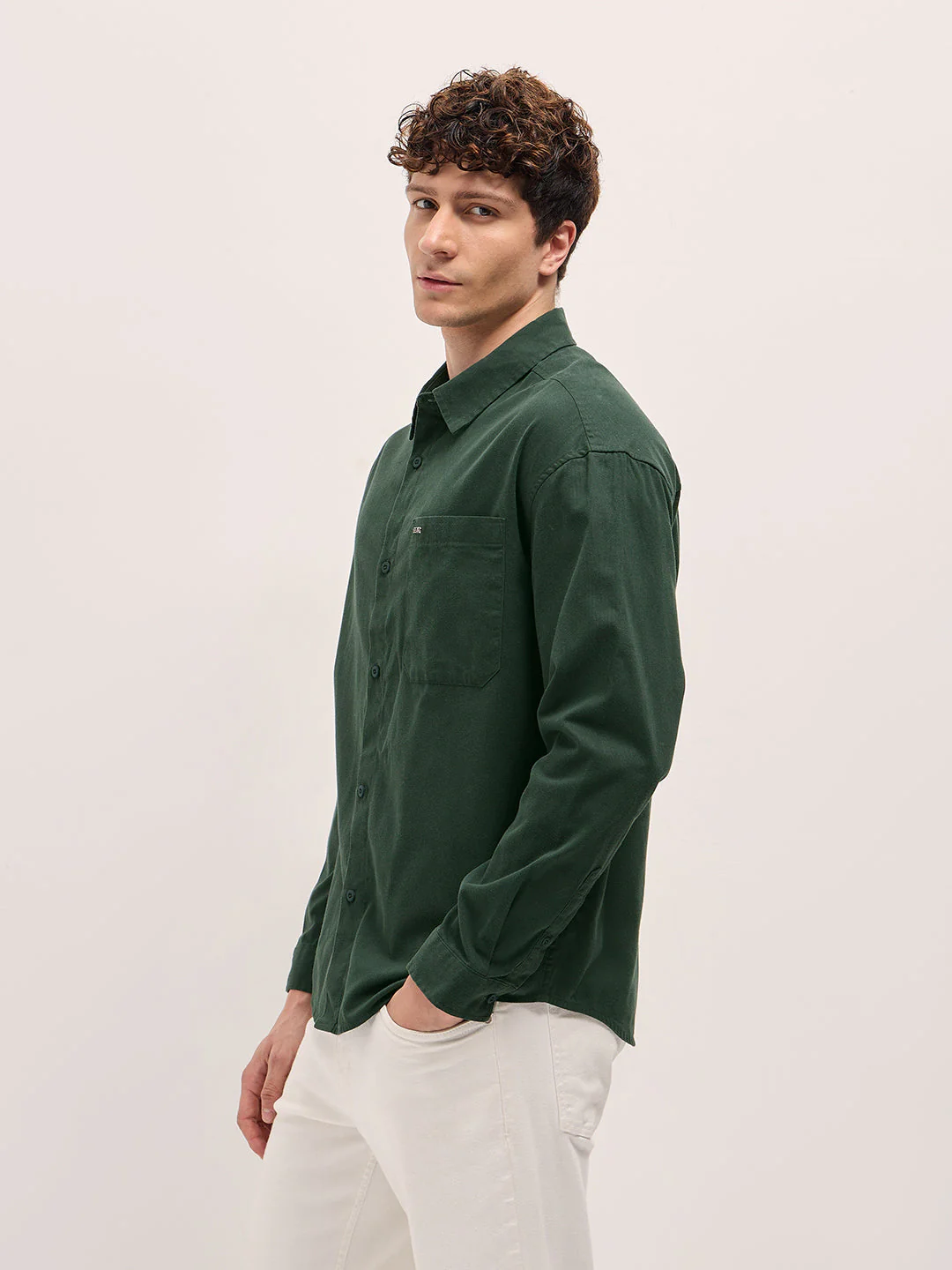 Men Shirt Green Solid Relax Fit Overshirt - Image 3