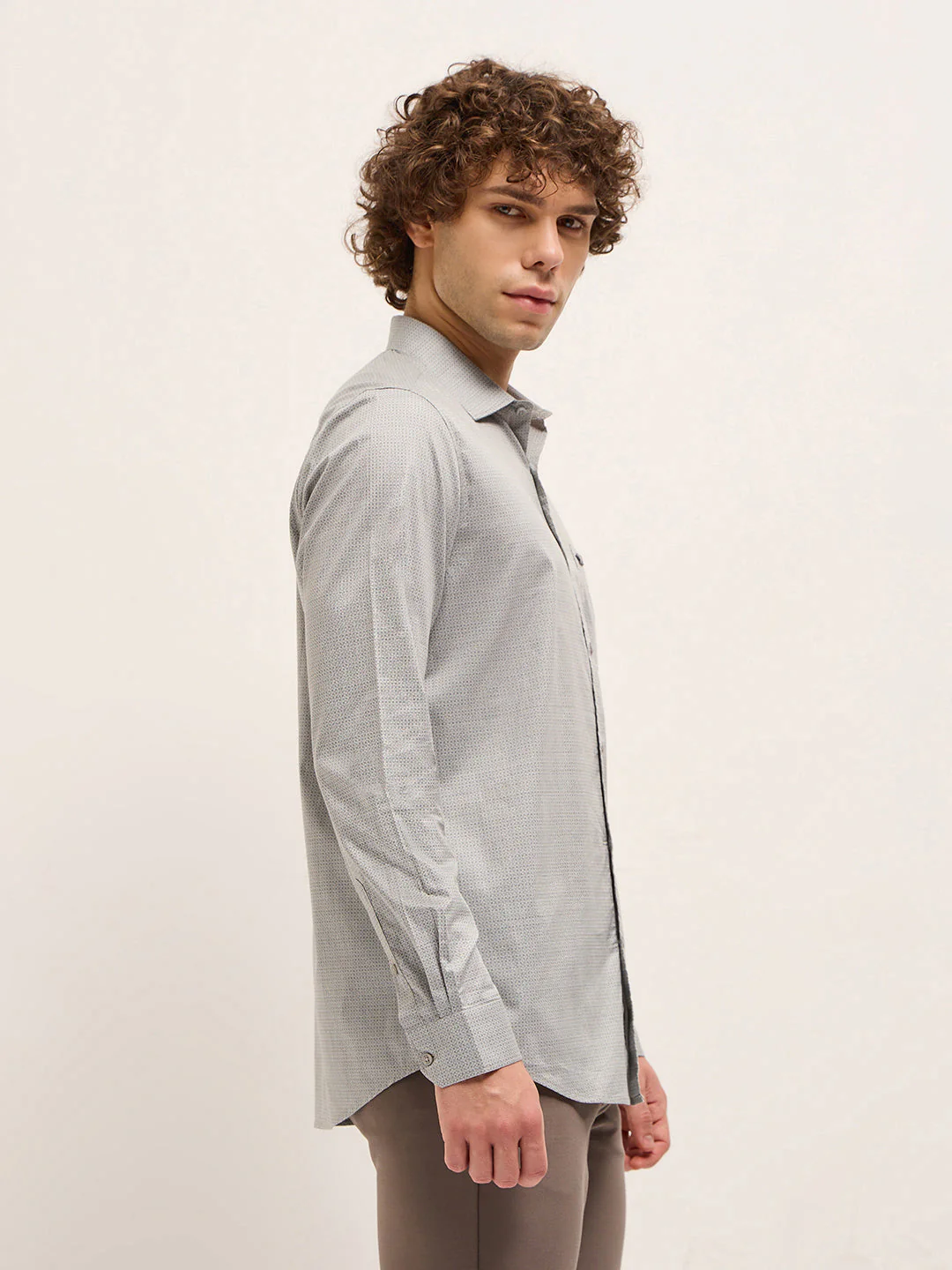 Men Shirt Grey Micro Geometric Print Tailored Fit Formal Shirt - Image 3