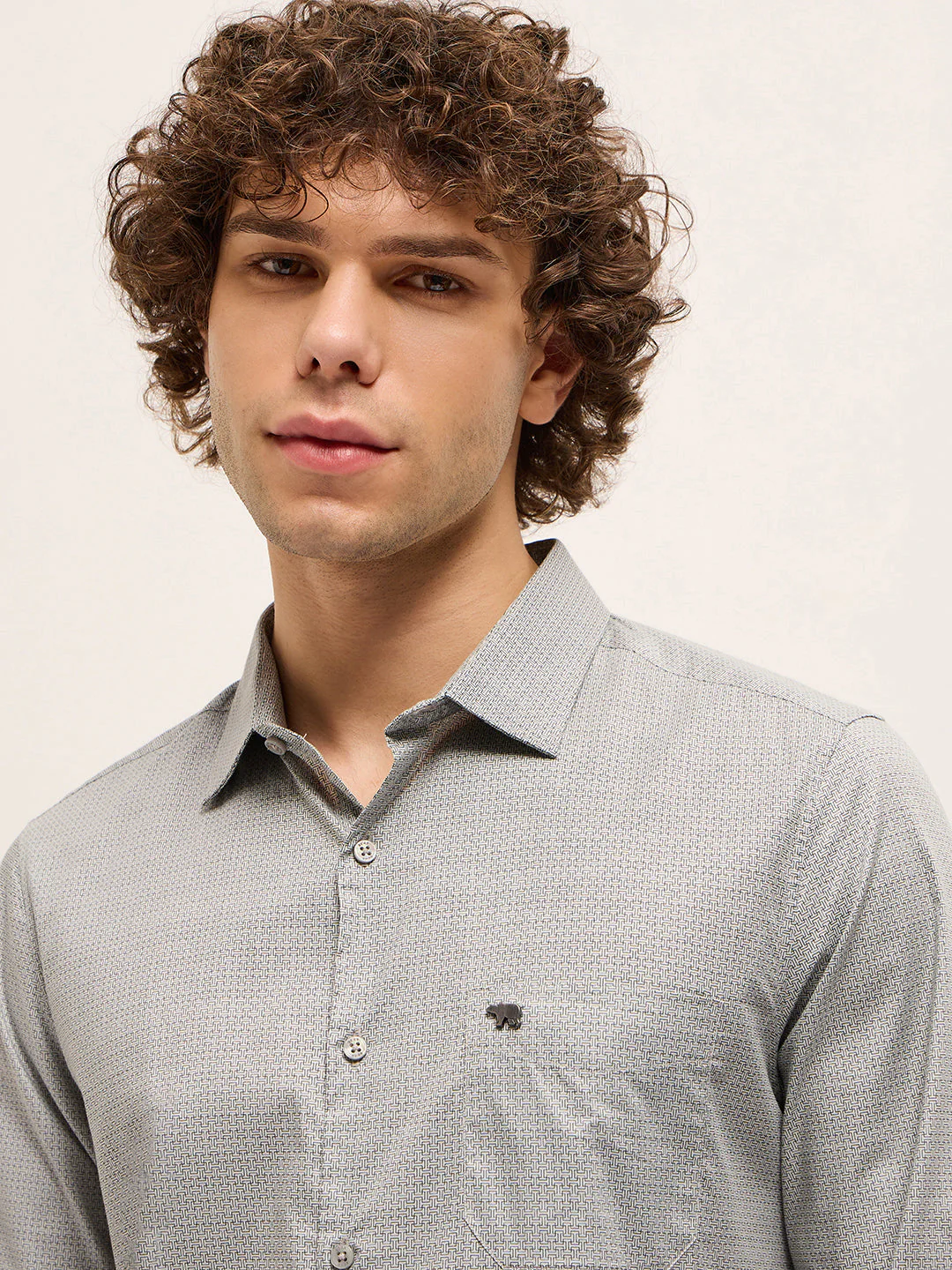 Men Shirt Grey Micro Geometric Print Tailored Fit Formal Shirt - Image 5