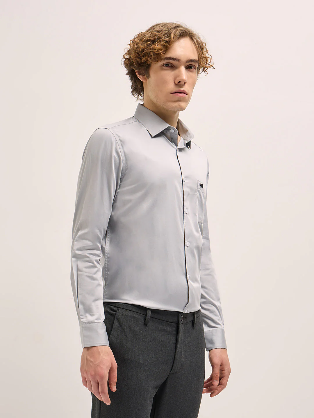 Men Shirt Grey Tailored Fit Solid Formal Shirt - Image 3