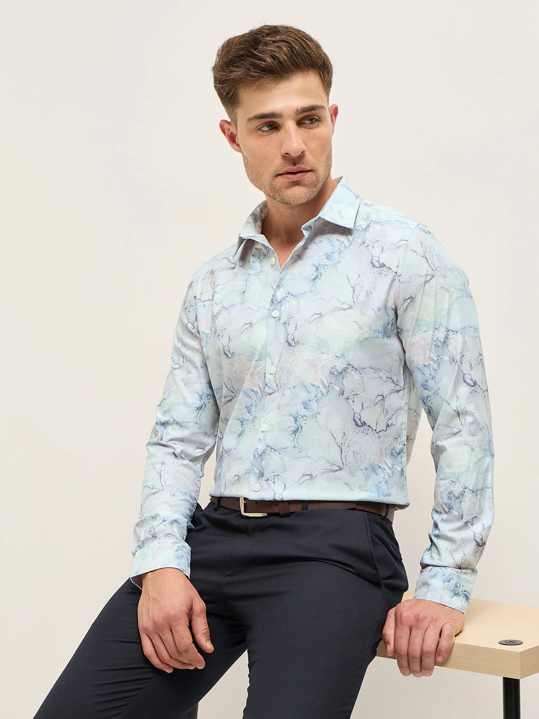 Men Shirt Light Blue Marble Abstract Print Tailored Fit Formal Shirt