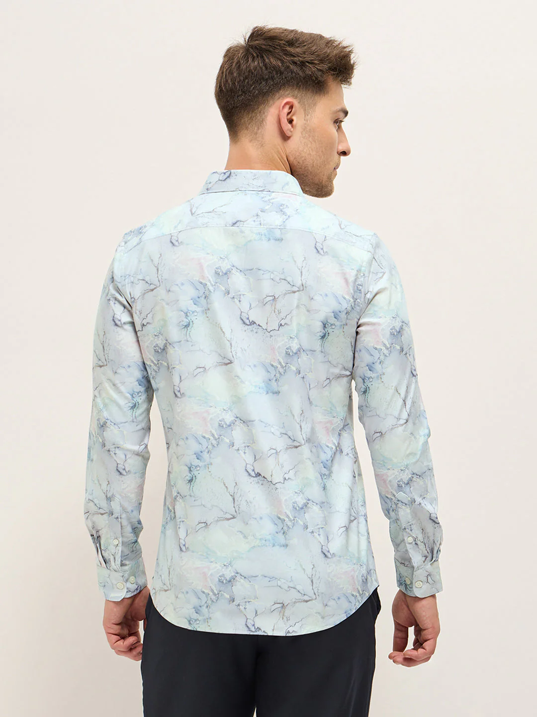 Men Shirt Light Blue Marble Abstract Print Tailored Fit Formal Shirt - Image 2