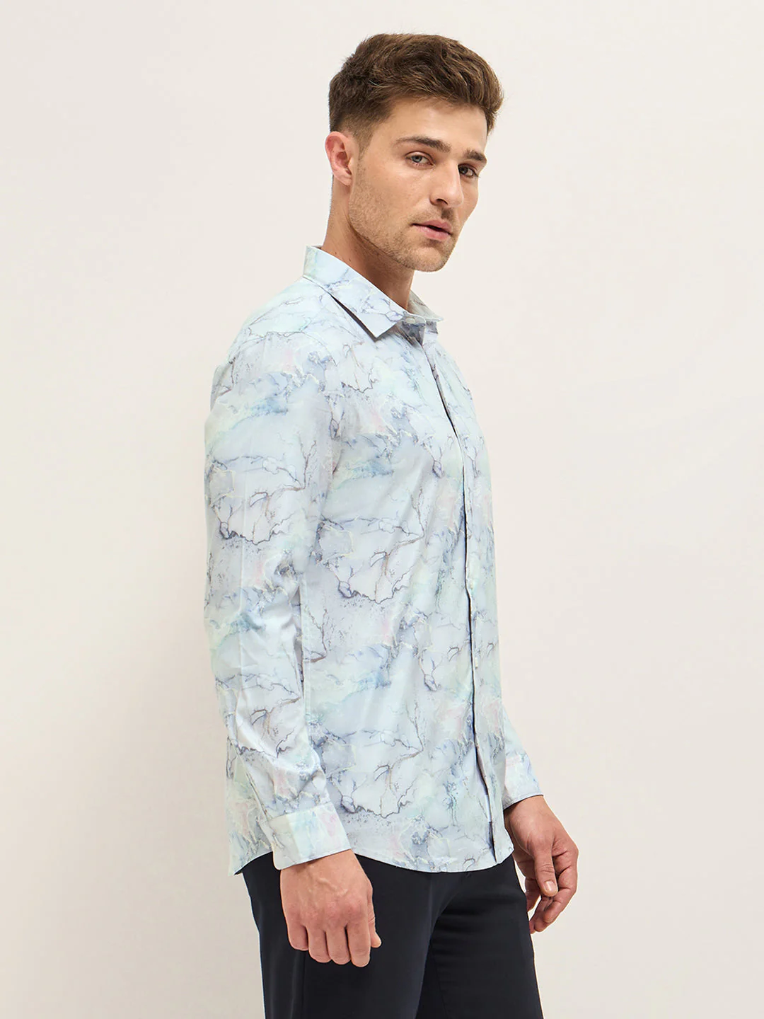 Men Shirt Light Blue Marble Abstract Print Tailored Fit Formal Shirt - Image 3
