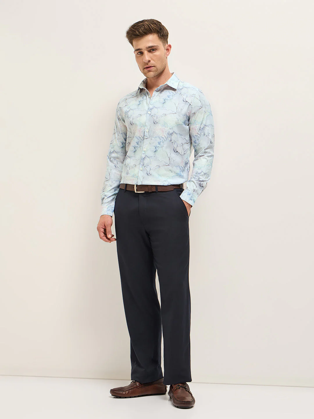 Men Shirt Light Blue Marble Abstract Print Tailored Fit Formal Shirt - Image 4