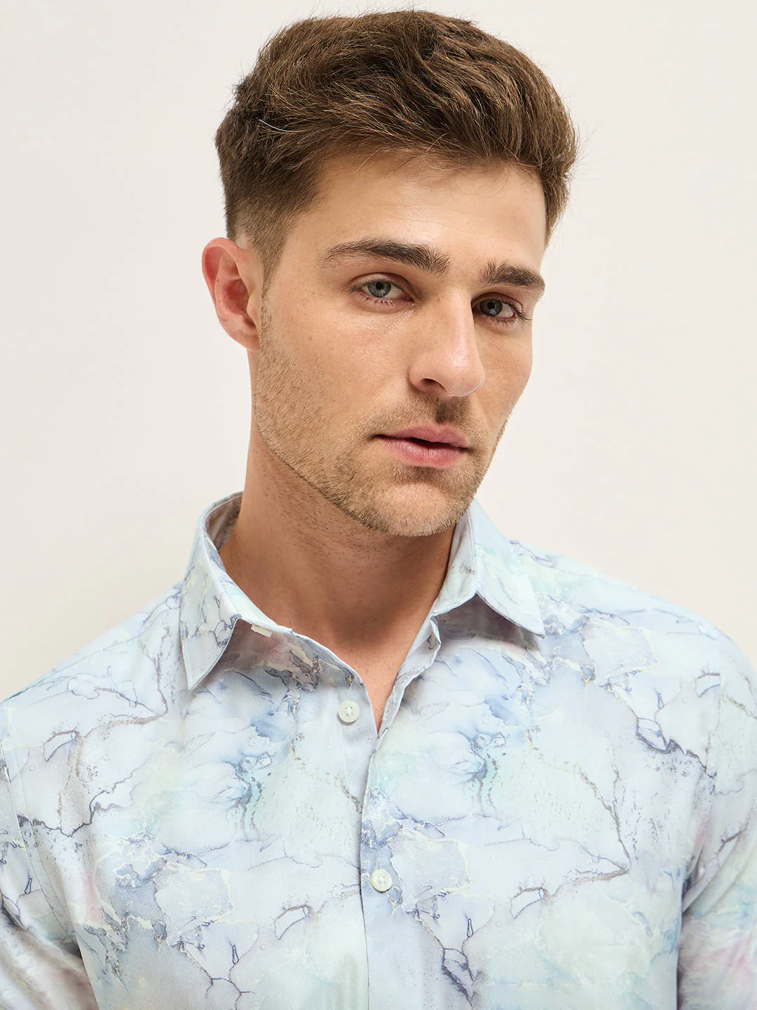 Men Shirt Light Blue Marble Abstract Print Tailored Fit Formal Shirt - Image 5