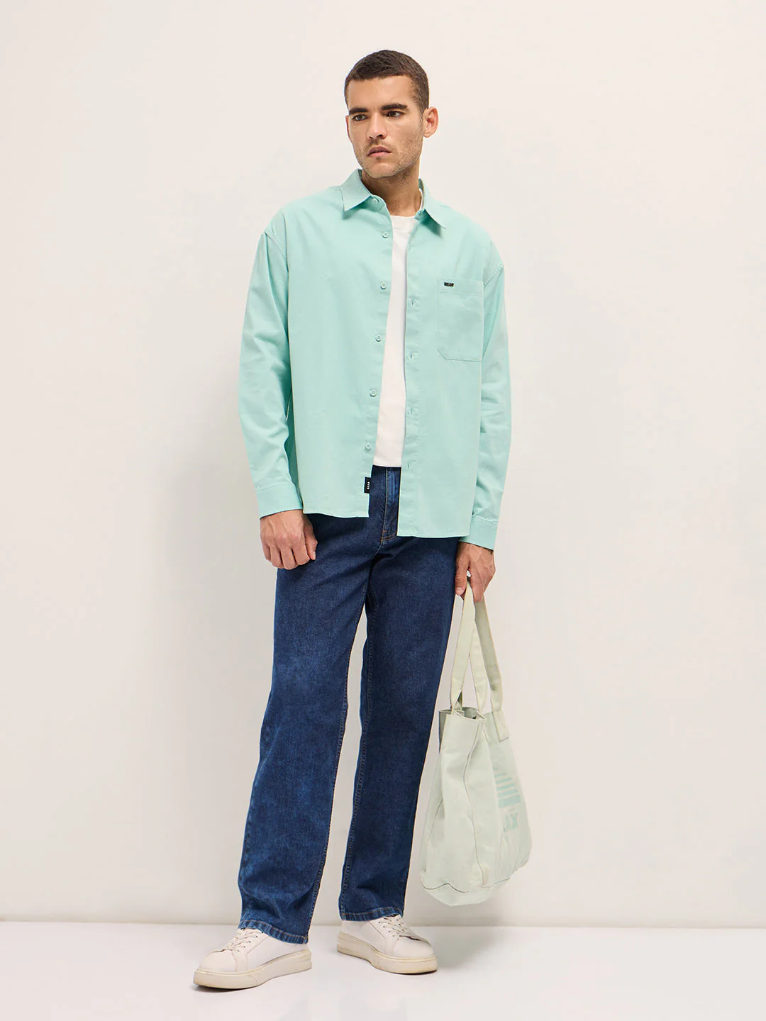 Men Shirt Light Blue Solid Relax Fit Overshirt - Image 4