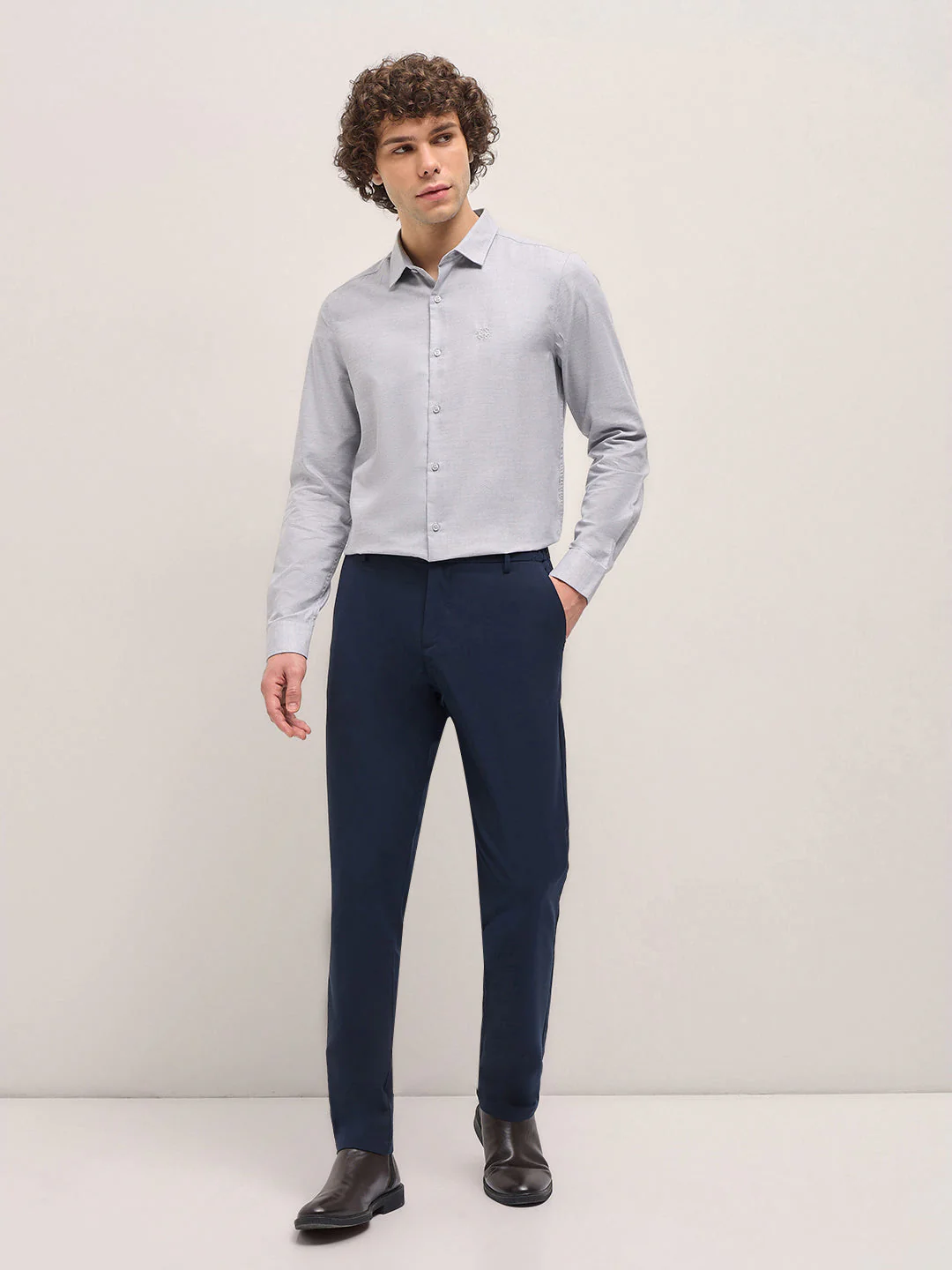 Men Shirt Light Grey Solid Tailored Fit Formal Shirt - Image 4