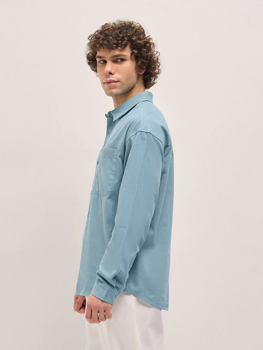 Men Shirt Light Teal Blue Solid Relax Fit Overshirt - Image 3