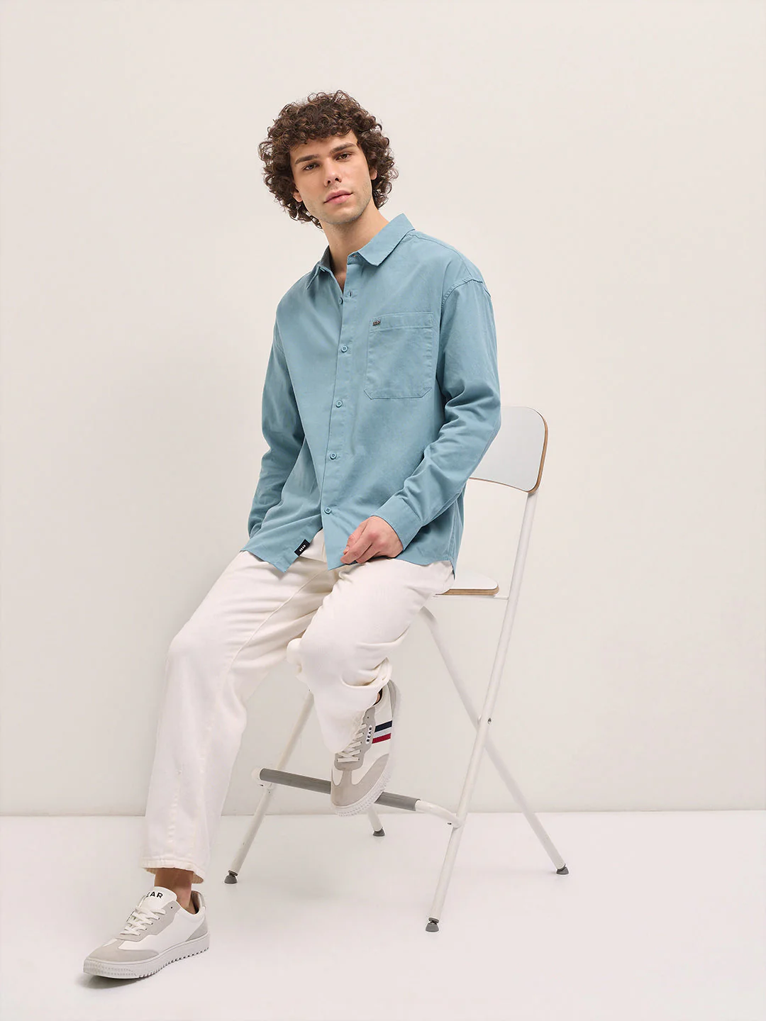 Men Shirt Light Teal Blue Solid Relax Fit Overshirt - Image 4