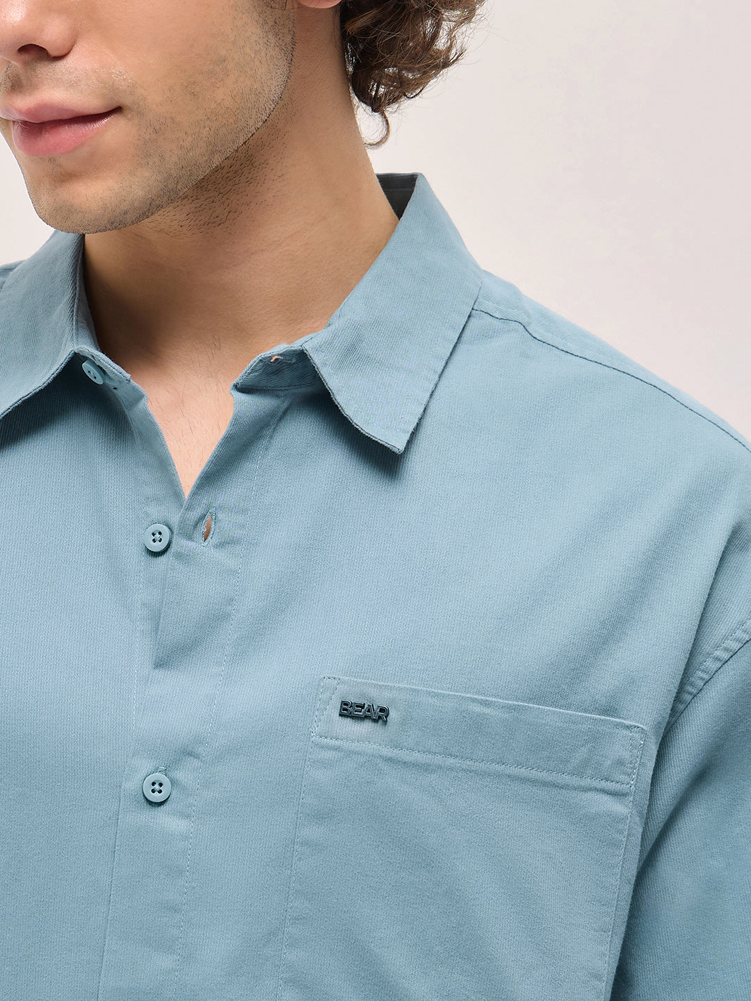 Men Shirt Light Teal Blue Solid Relax Fit Overshirt - Image 5