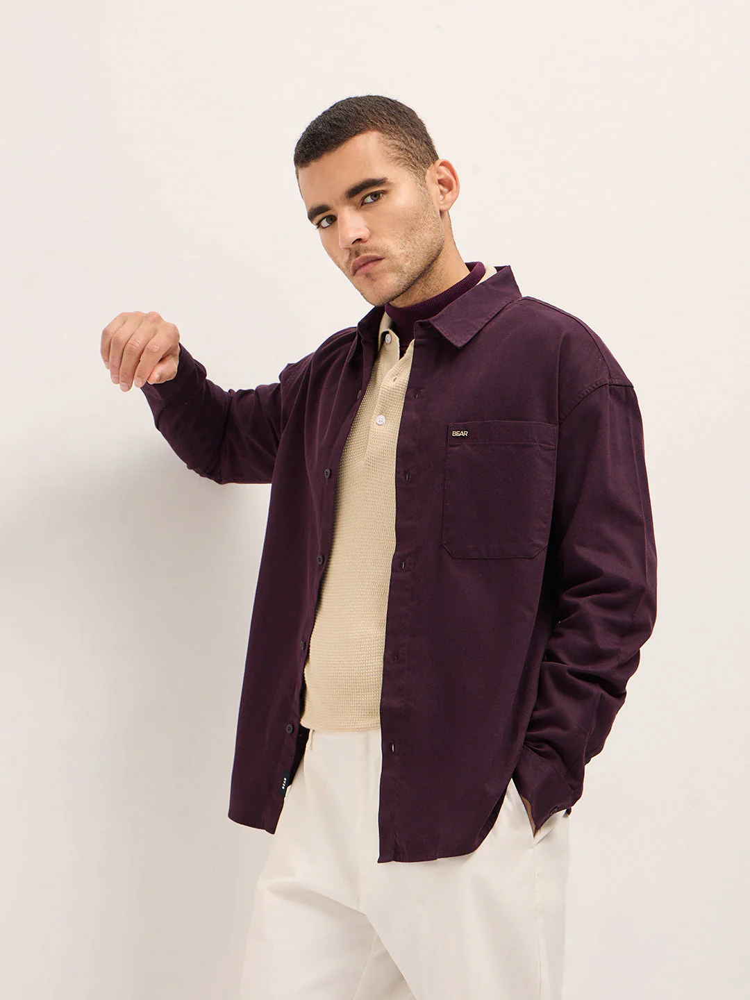 Men Shirt Maroon Solid Relax Fit Overshirt