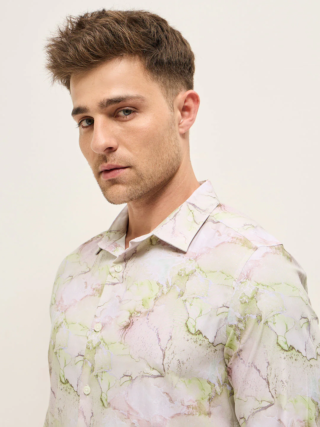 Men Shirt Multi-Color Marble Abstract Print Tailored Fit Formal Shirt - Image 5