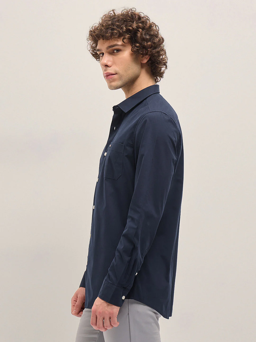 Men Shirt Navy Blue Tailored Fit Cotton Formal Shirt - Image 3