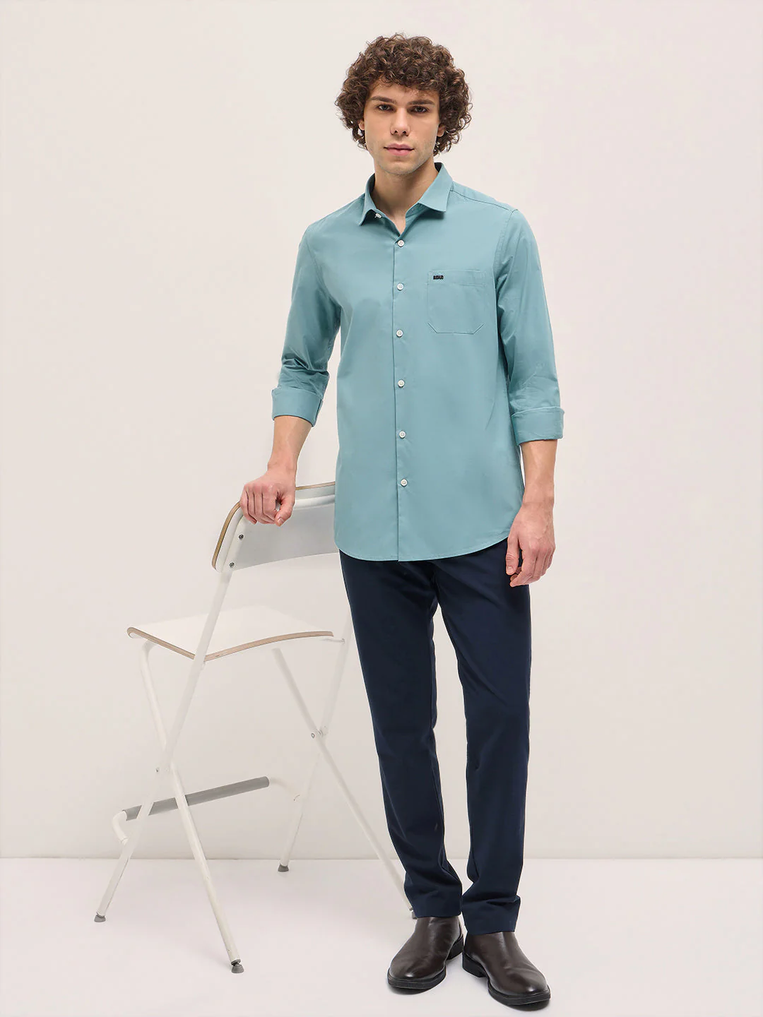 Men Shirt Teal Blue Tailored Fit Cotton Formal Shirt - Image 4