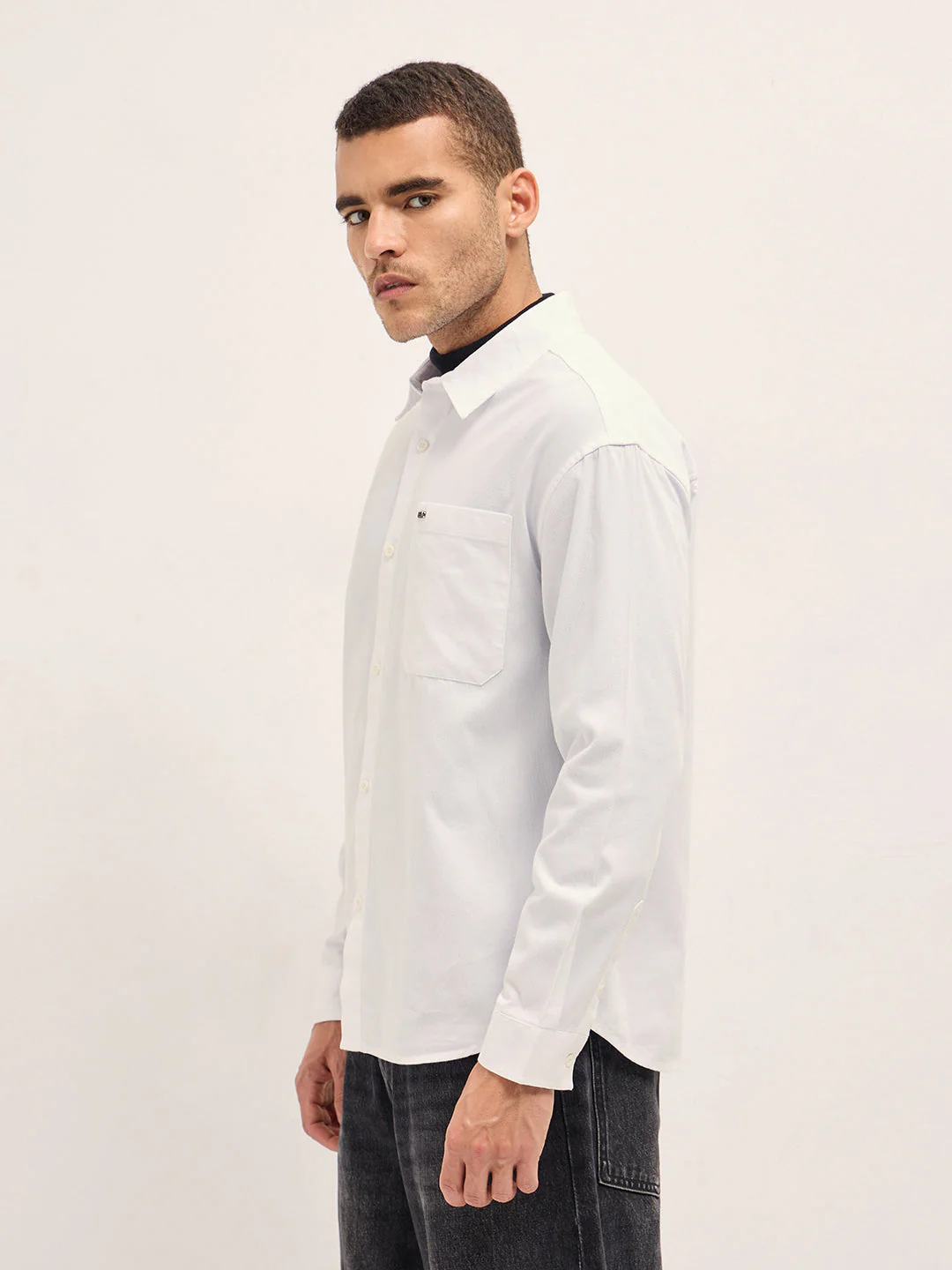 Men Shirt White Solid Relax Fit Overshirt - Image 3