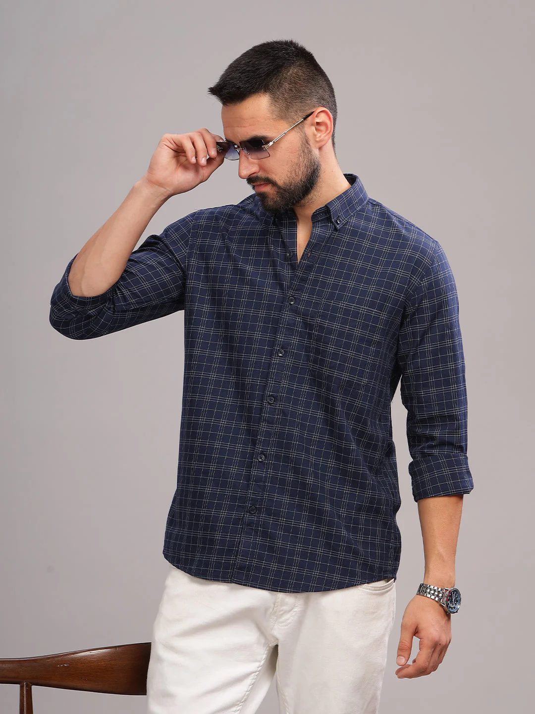 Men Siena Navy Checks Shirt - Image 4
