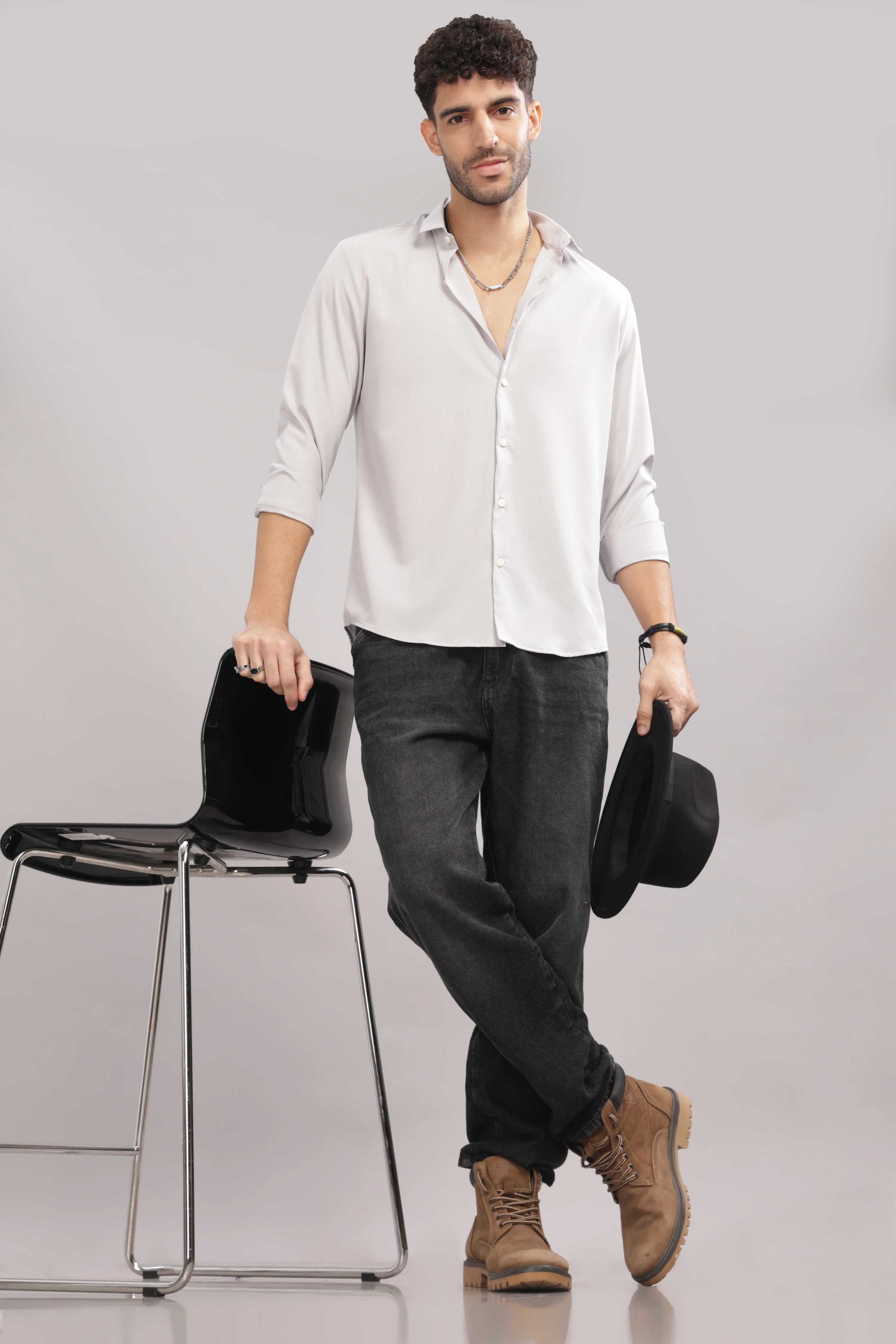 Men Silver Slim Fit Shirt - Image 3