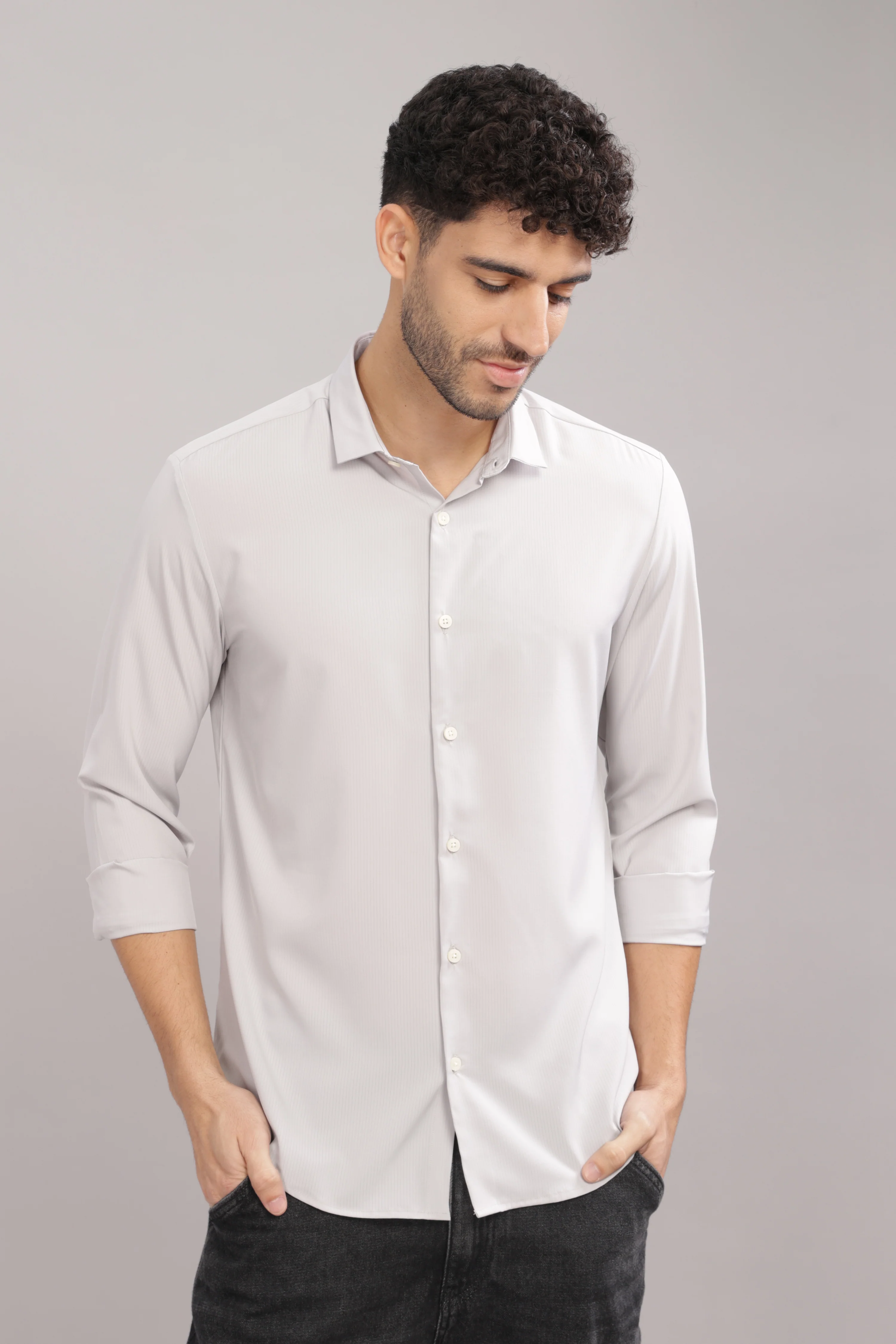 Men Silver Slim Fit Shirt - Image 4