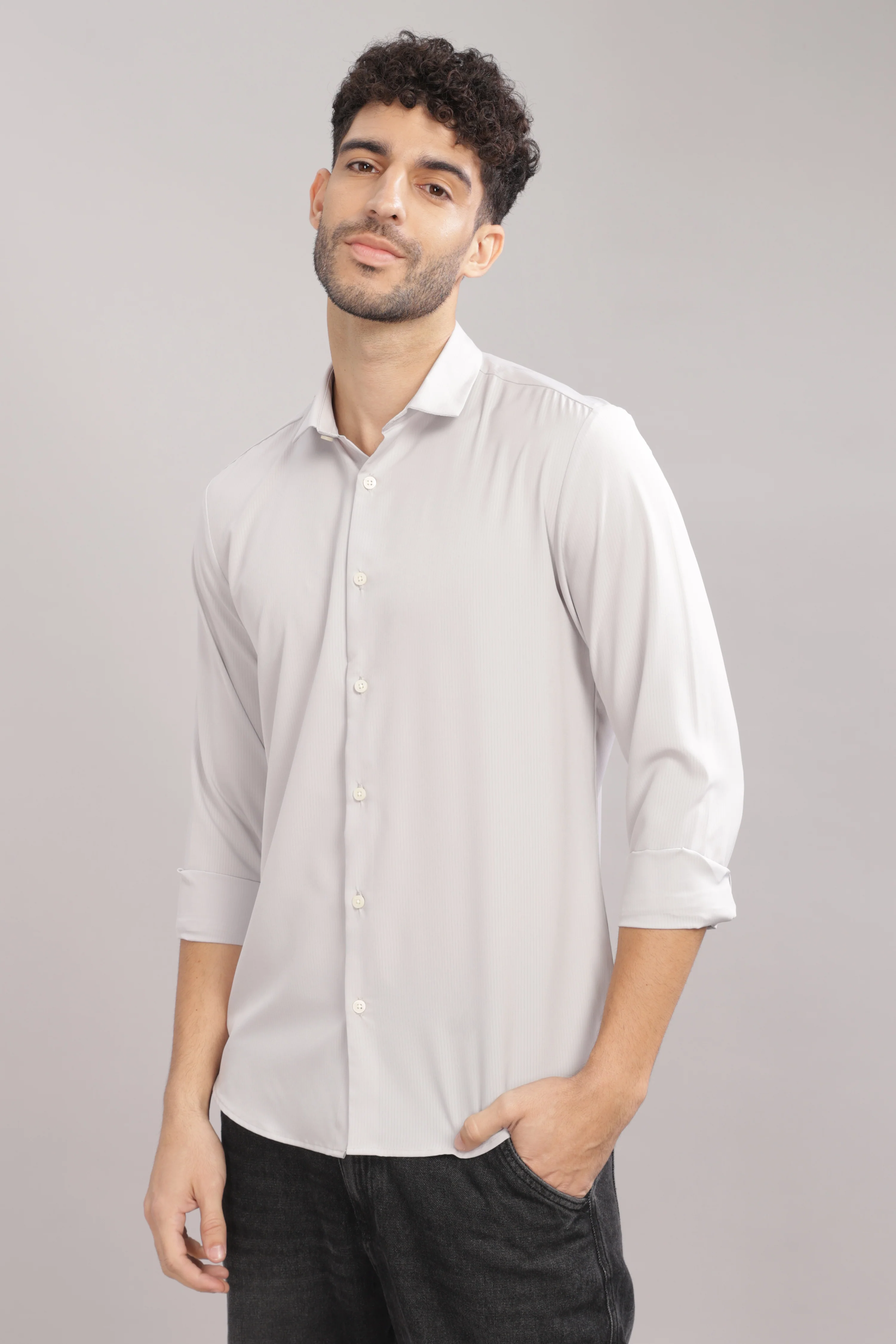 Men Silver Slim Fit Shirt - Image 5