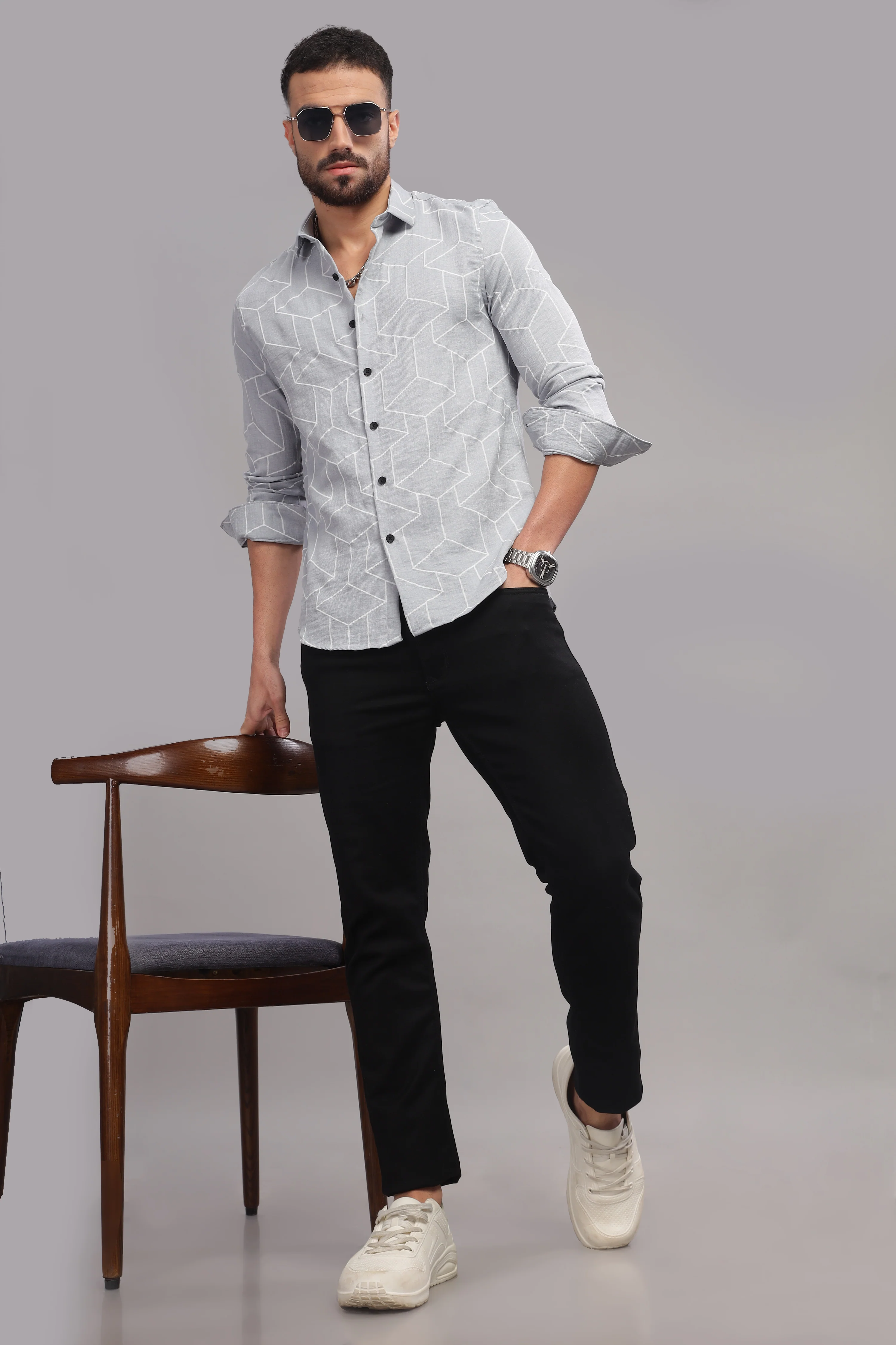 Men Silver Slim Fit Shirt - Image 3