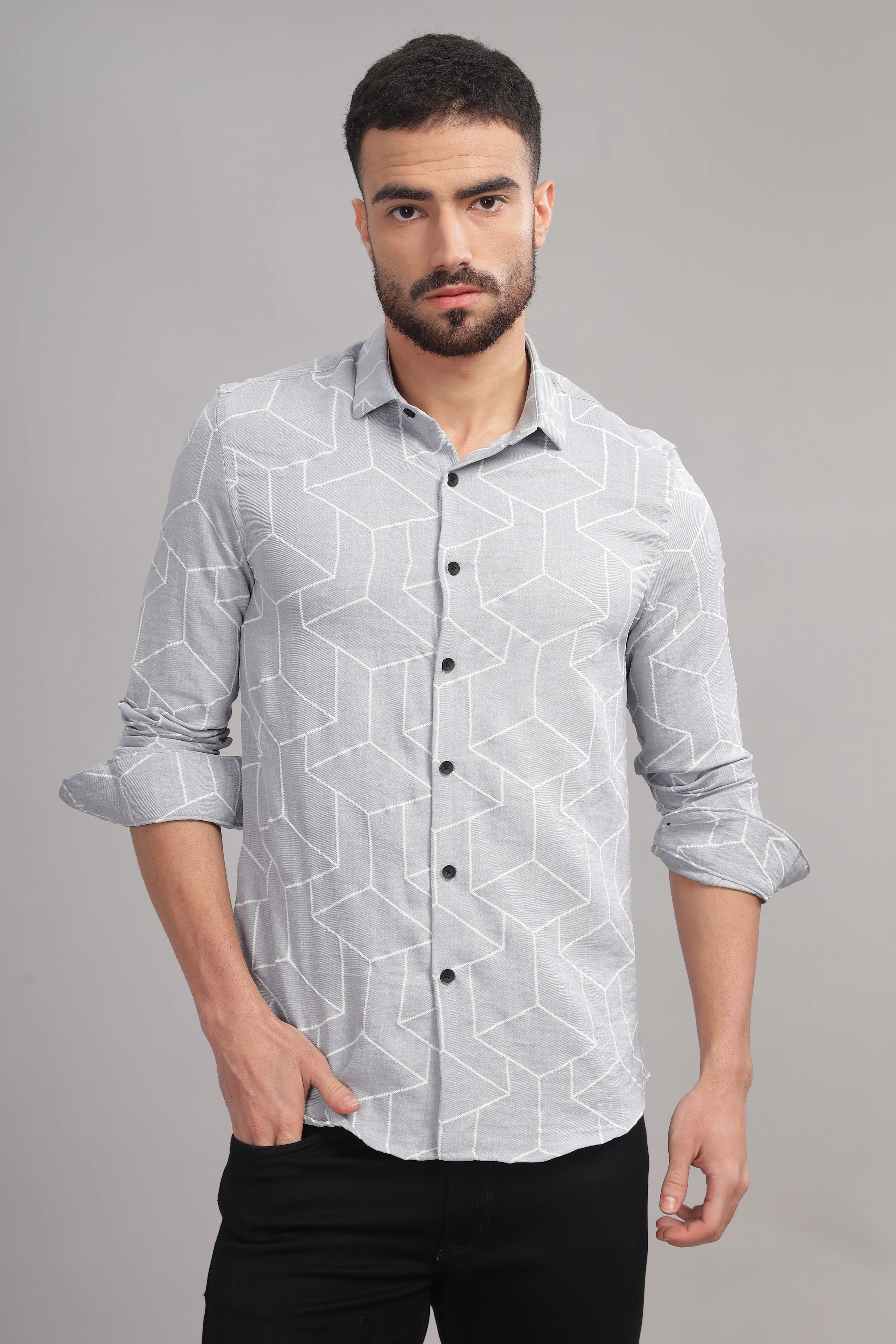 Men Silver Slim Fit Shirt - Image 4