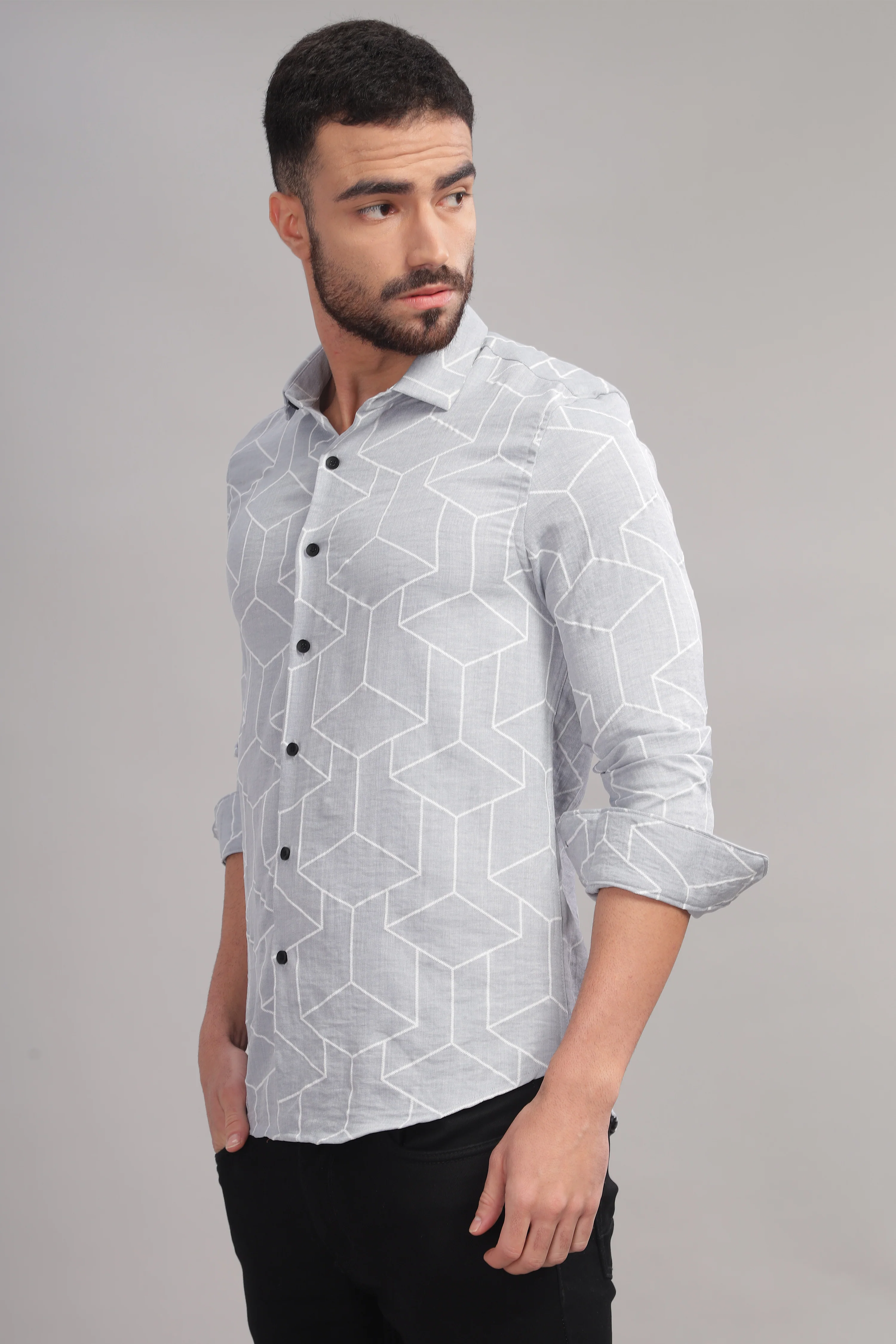 Men Silver Slim Fit Shirt - Image 5