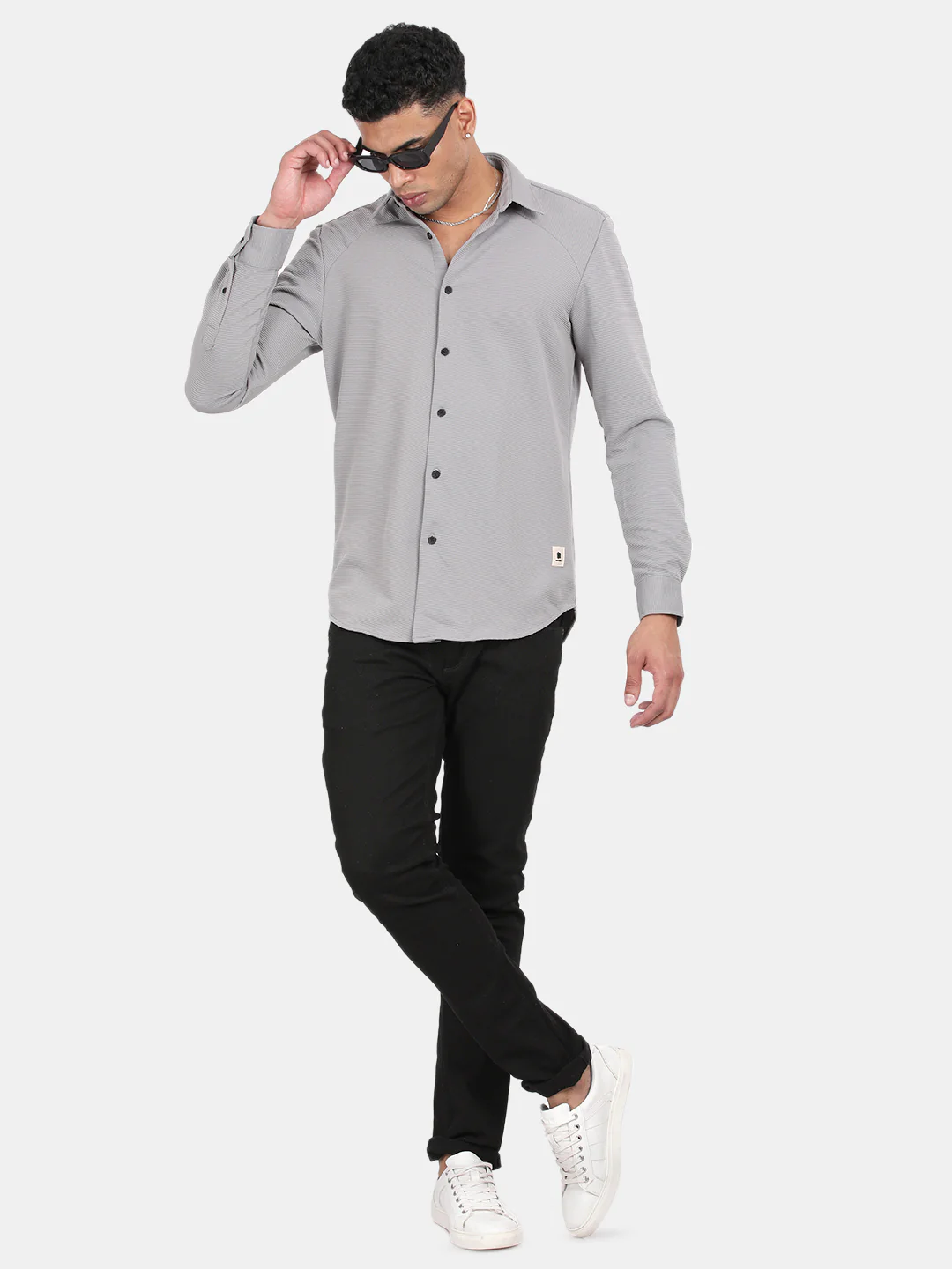Men Silver Slim Fit Spread Collar Full Sleeve Casual Shirt - Image 3