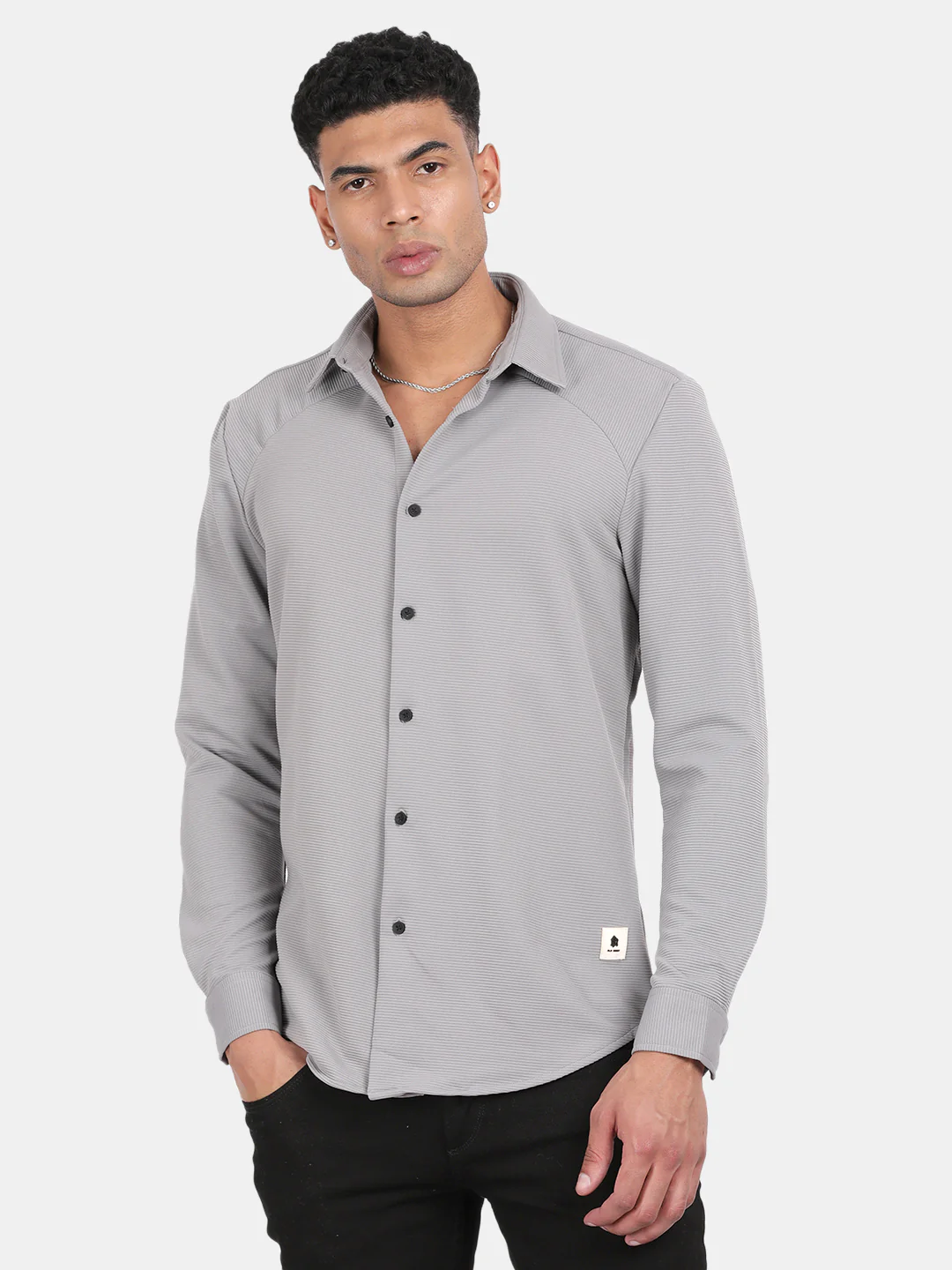 Men Silver Slim Fit Spread Collar Full Sleeve Casual Shirt - Image 4