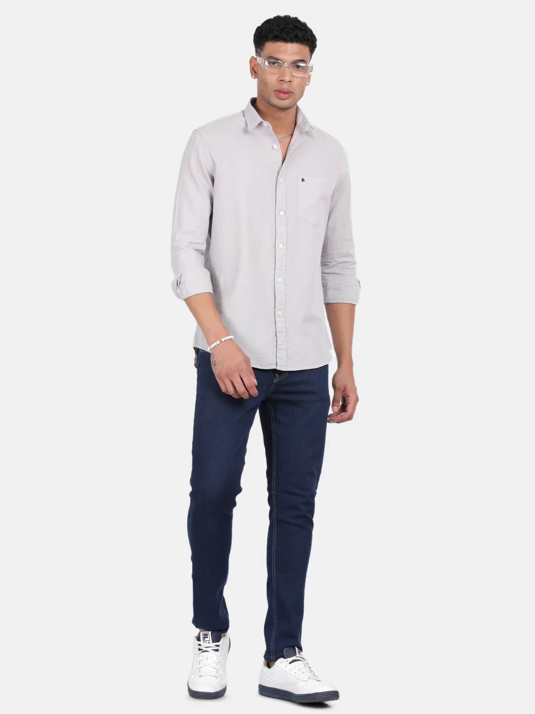 Men Silver Slim Fit Spread Collar Full Sleeve Casual Shirt - Image 3