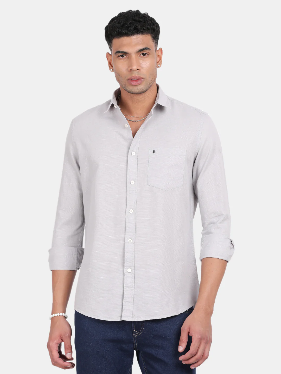 Men Silver Slim Fit Spread Collar Full Sleeve Casual Shirt - Image 4