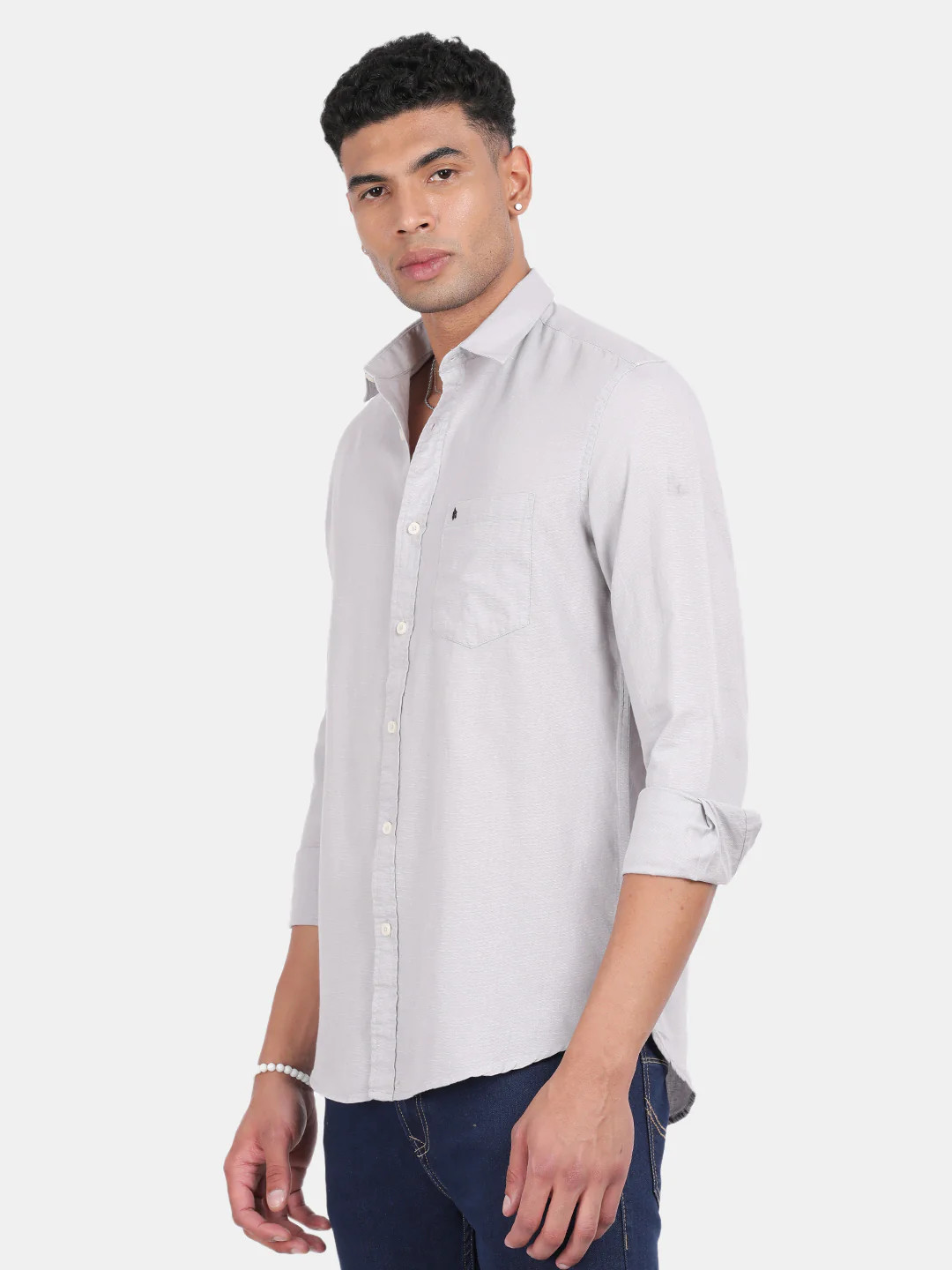 Men Silver Slim Fit Spread Collar Full Sleeve Casual Shirt - Image 5