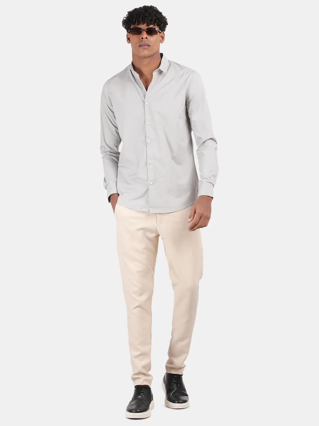 Men Silver Slim Fit Spread Collar Full Sleeve Casual Shirt - Image 3