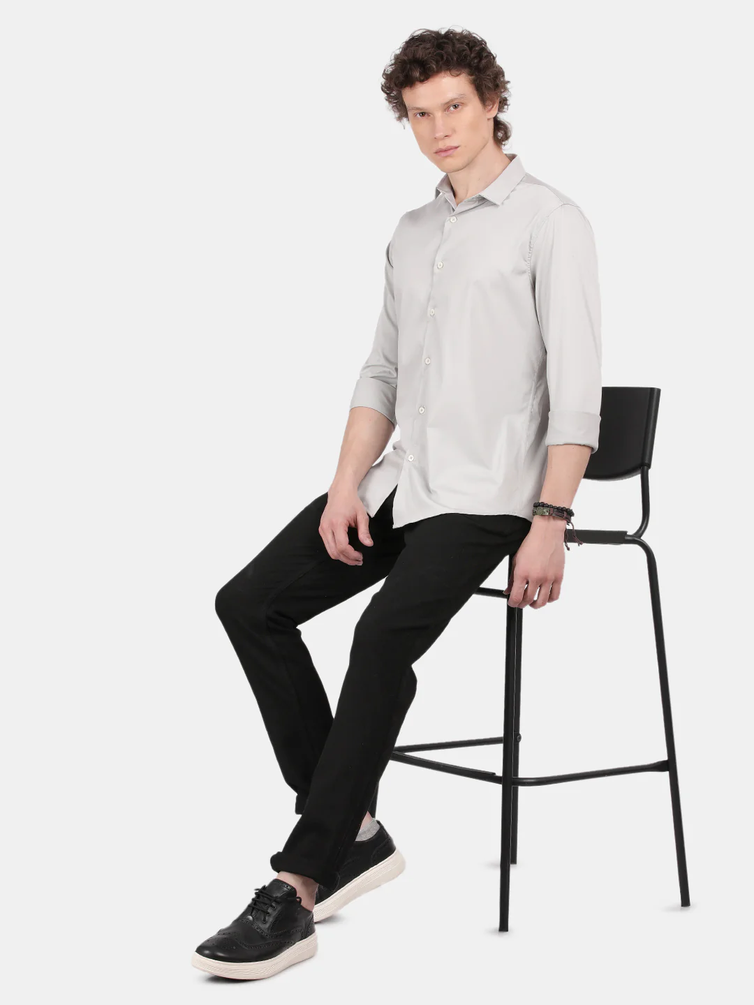 Men Silver Slim Fit Spread Collar Full Sleeve Casual Shirt - Image 3