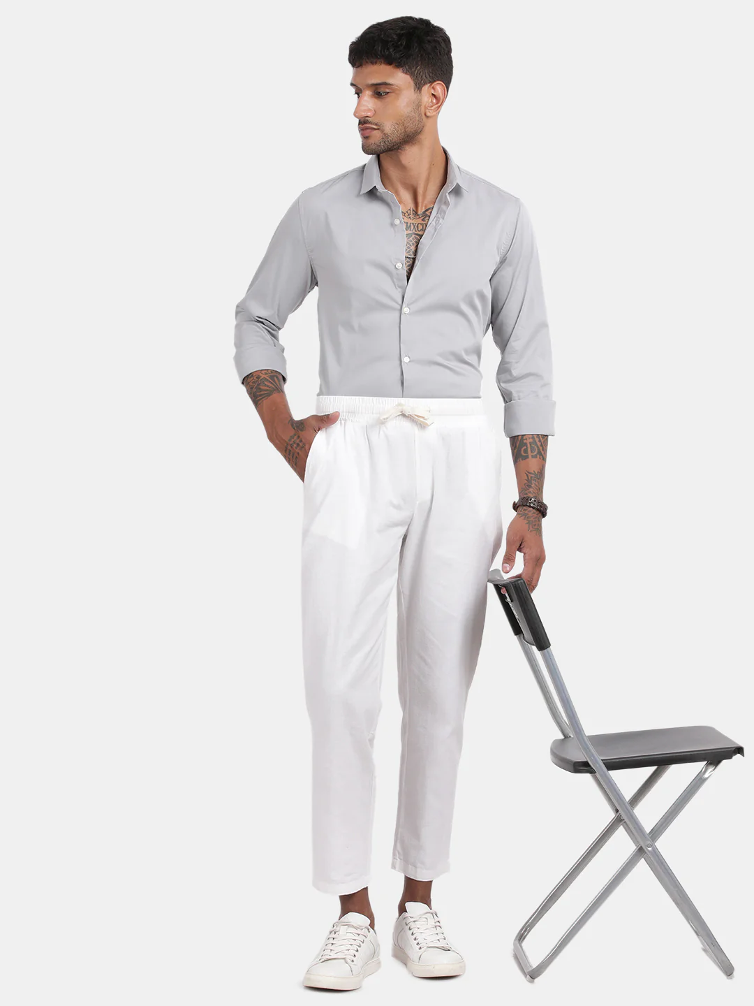 Men Silver Slim Fit Spread Collar Full Sleeve Casual Shirt - Image 3