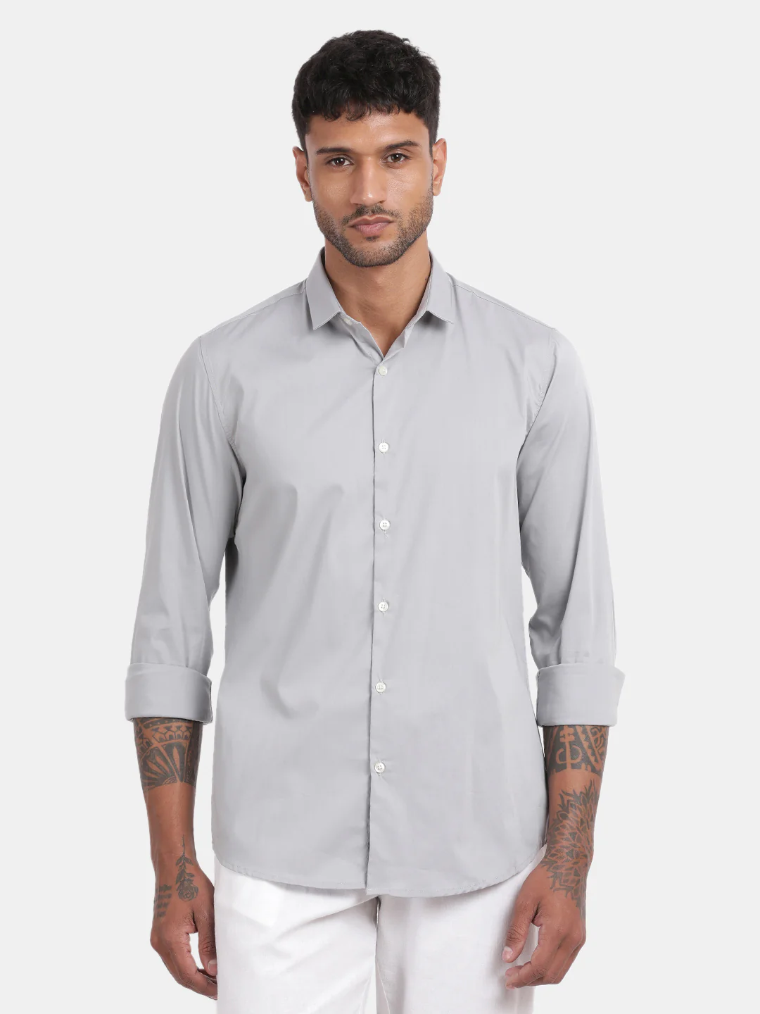 Men Silver Slim Fit Spread Collar Full Sleeve Casual Shirt - Image 4