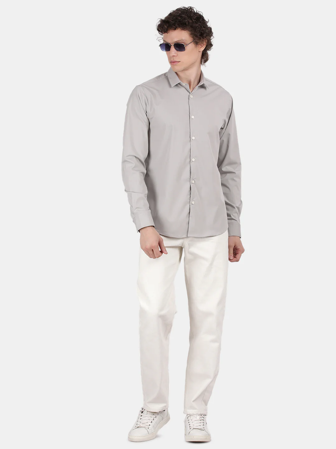 Men Silver Slim Fit Spread Collar Full Sleeve Casual Shirt - Image 3