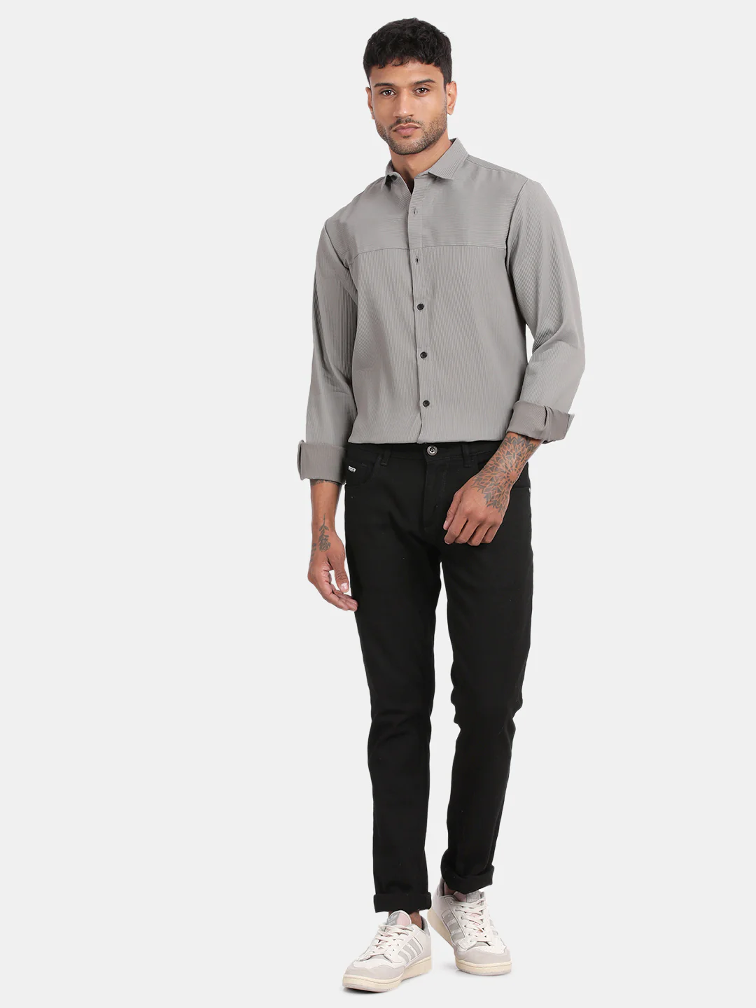 Men Silver Slim Fit Spread Collar Full Sleeve Casual Shirt - Image 3