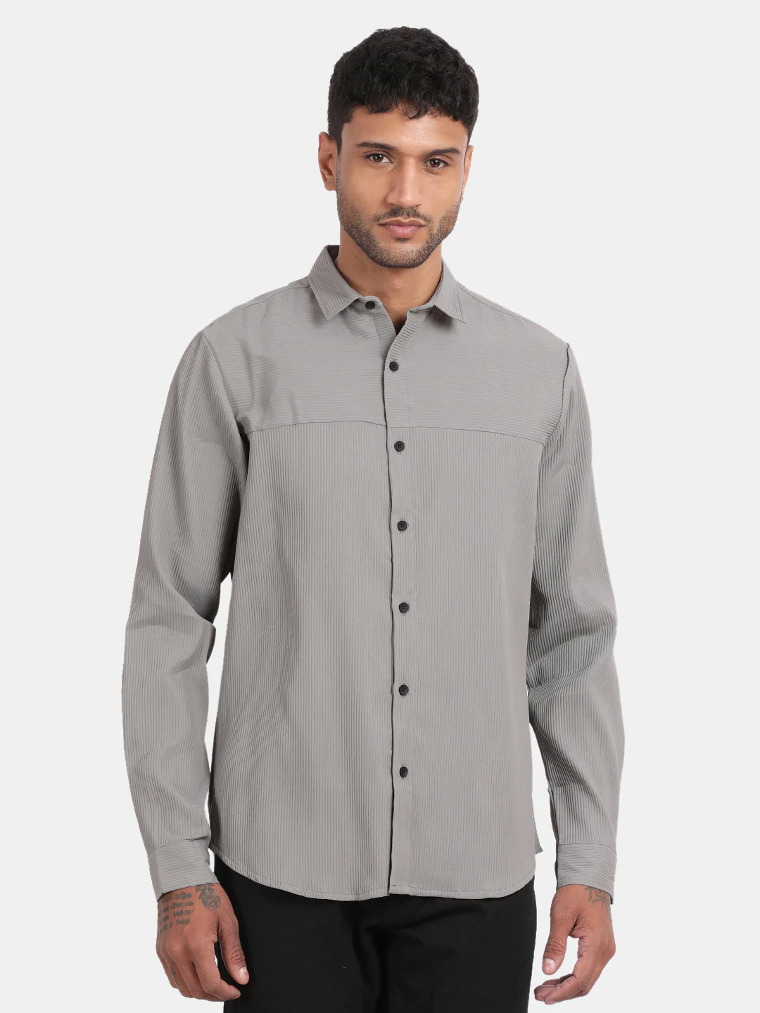 Men Silver Slim Fit Spread Collar Full Sleeve Casual Shirt - Image 4