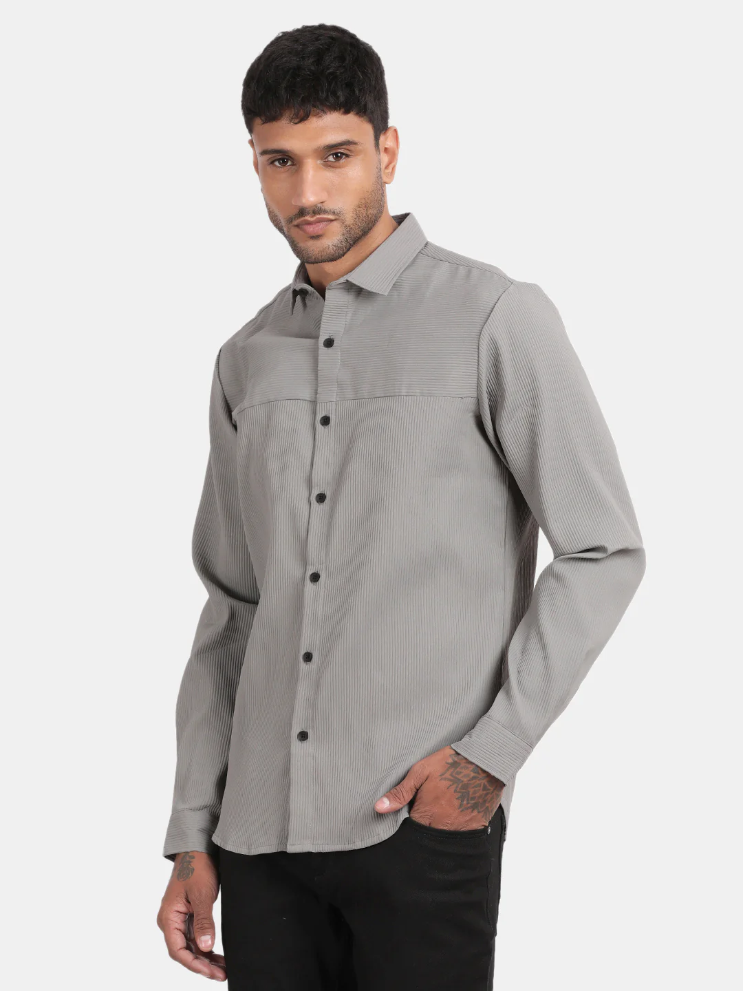 Men Silver Slim Fit Spread Collar Full Sleeve Casual Shirt - Image 5