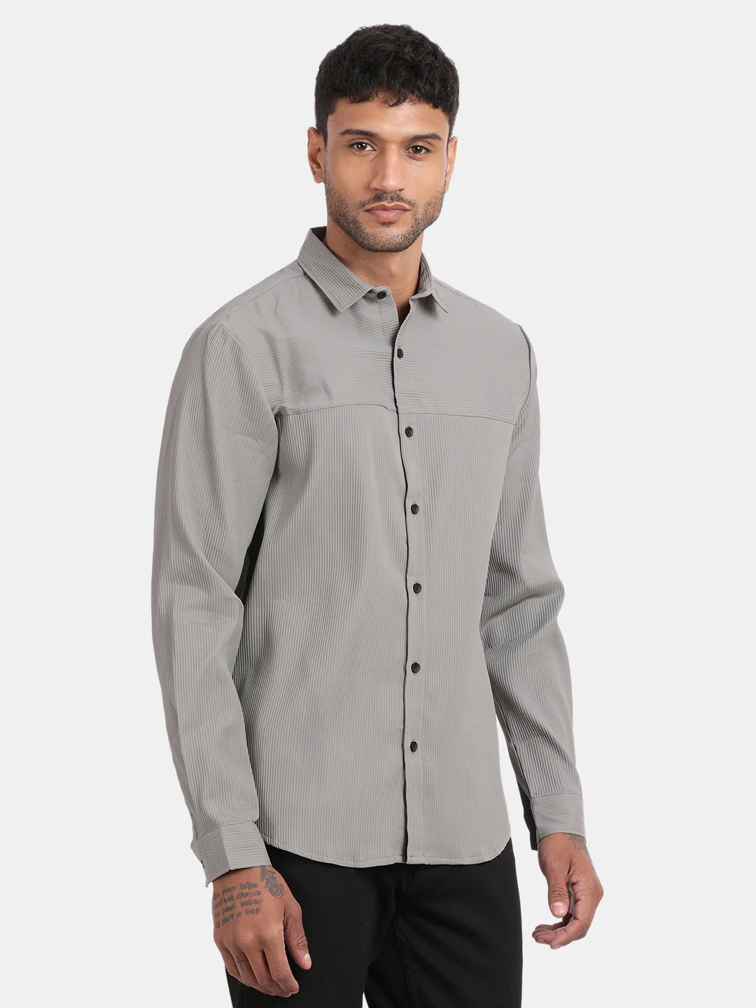 Men Silver Slim Fit Spread Collar Full Sleeve Casual Shirt - Image 6