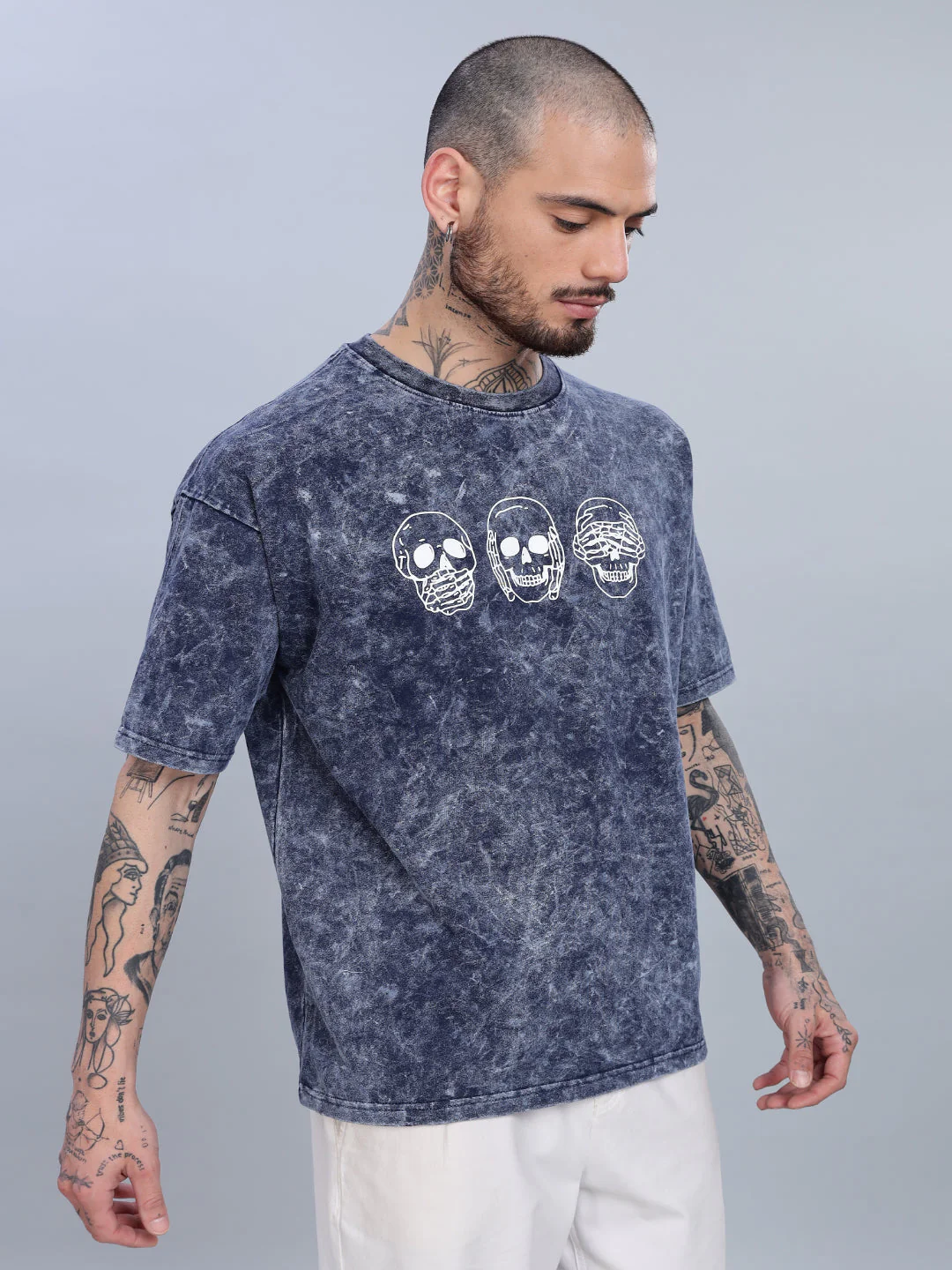 Men Skull Oversized Blue T-Shirt - Image 3