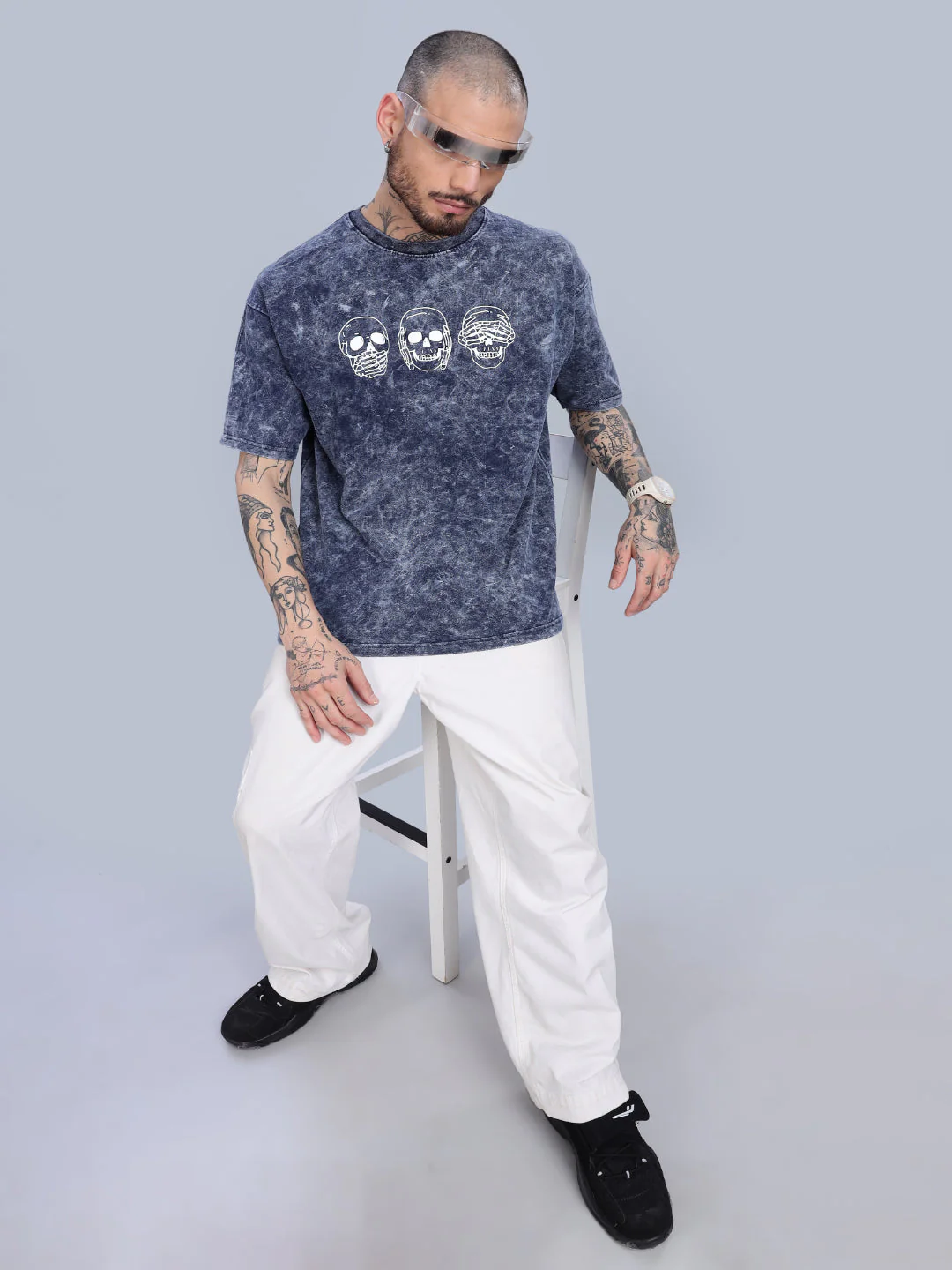 Men Skull Oversized Blue T-Shirt - Image 5