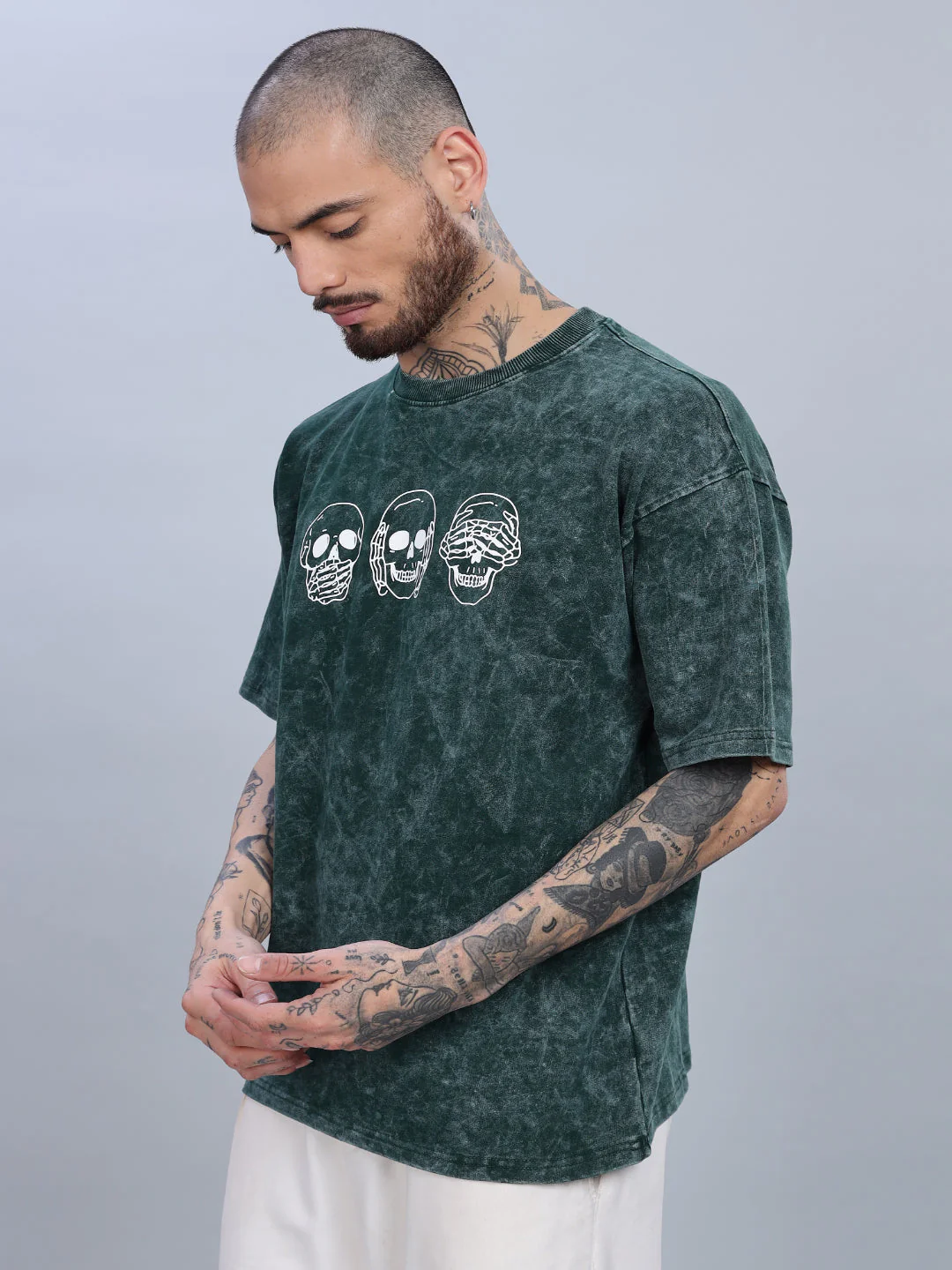 Men Skull Oversized Green T-Shirt - Image 3