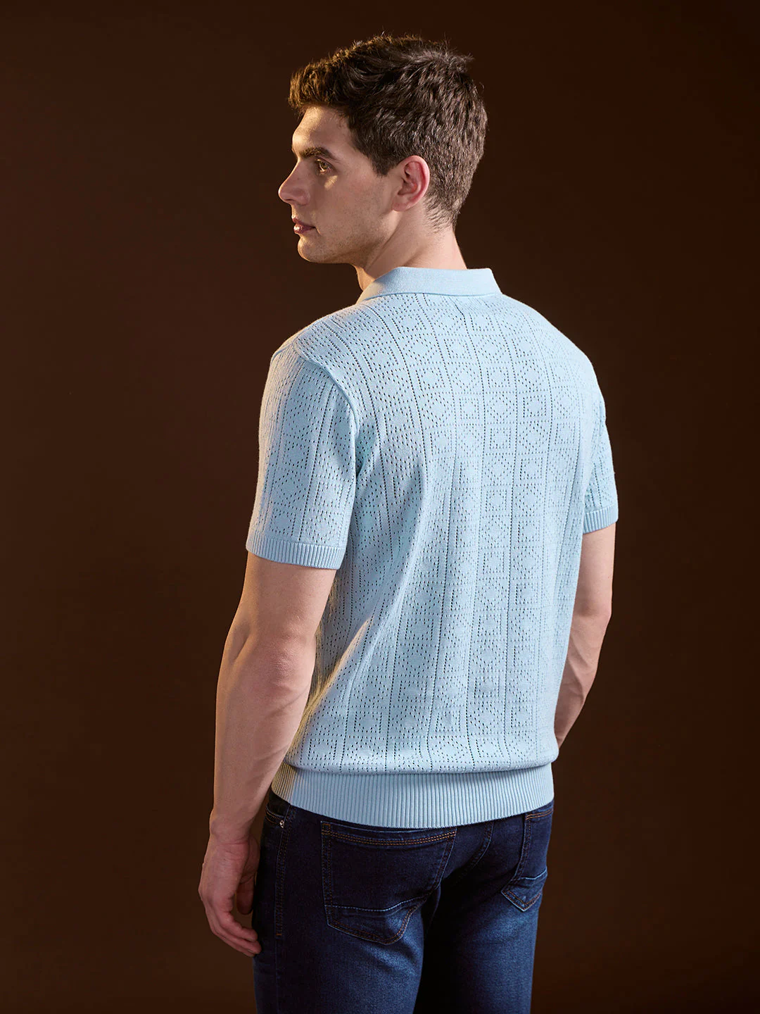 Men Sky Blue Perforated Texture Design Slim Fit Polo - Image 2