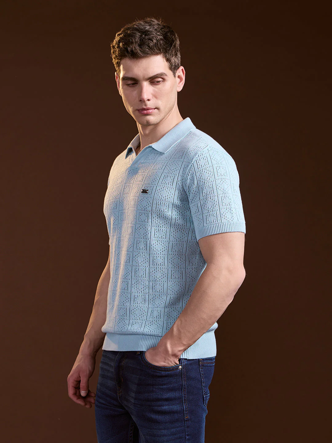 Men Sky Blue Perforated Texture Design Slim Fit Polo - Image 3