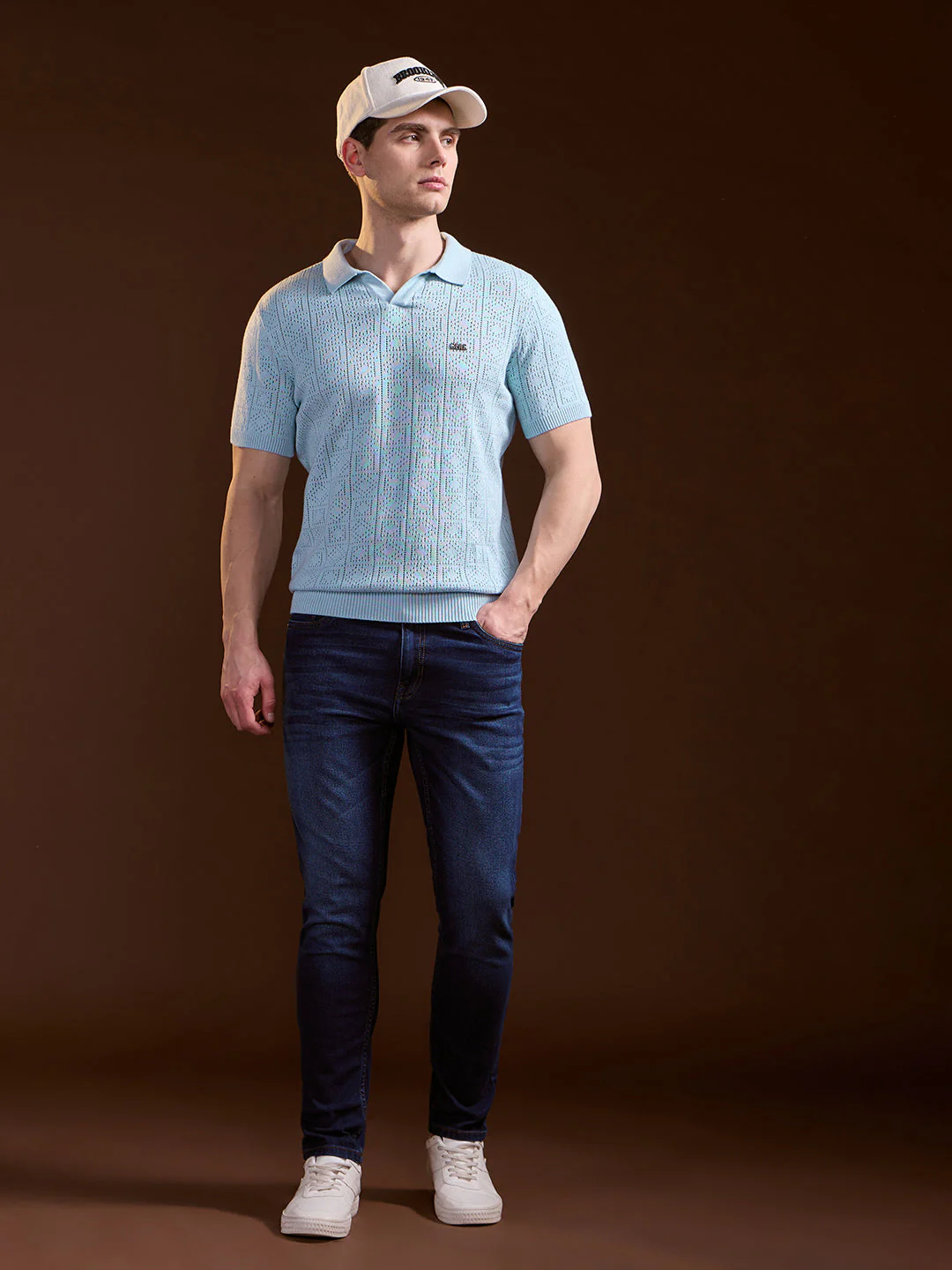 Men Sky Blue Perforated Texture Design Slim Fit Polo - Image 4