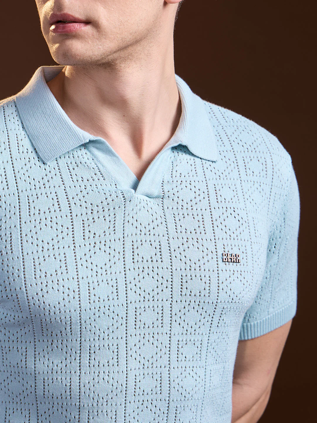 Men Sky Blue Perforated Texture Design Slim Fit Polo - Image 5