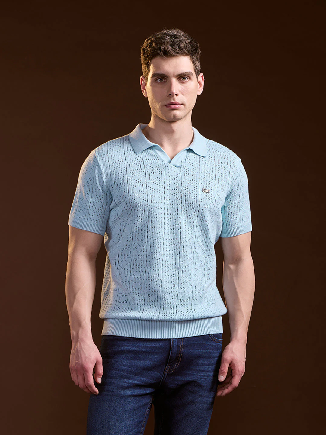 Men Sky Blue Perforated Texture Design Slim Fit Polo - Image 6