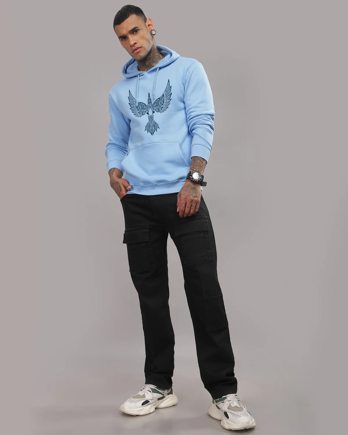 Men Sky Blue Printed Hoodie